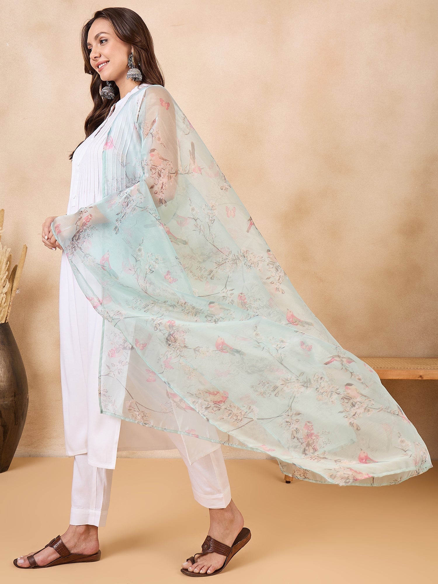 InWeave Teal Bird Print Organza Dupatta 