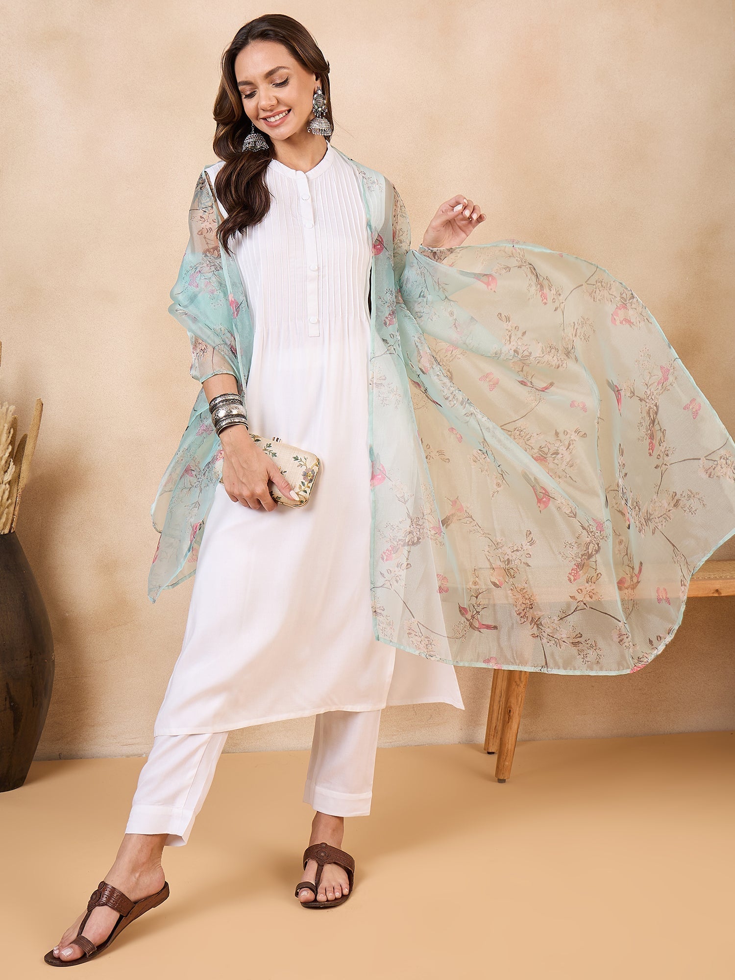 InWeave Teal Bird Print Organza Dupatta 