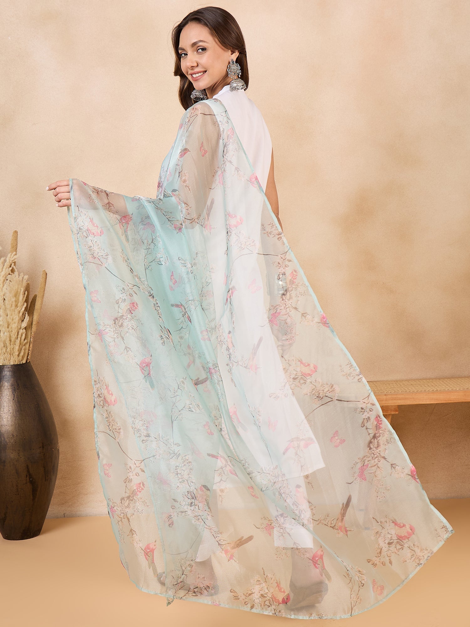 InWeave Teal Bird Print Organza Dupatta 