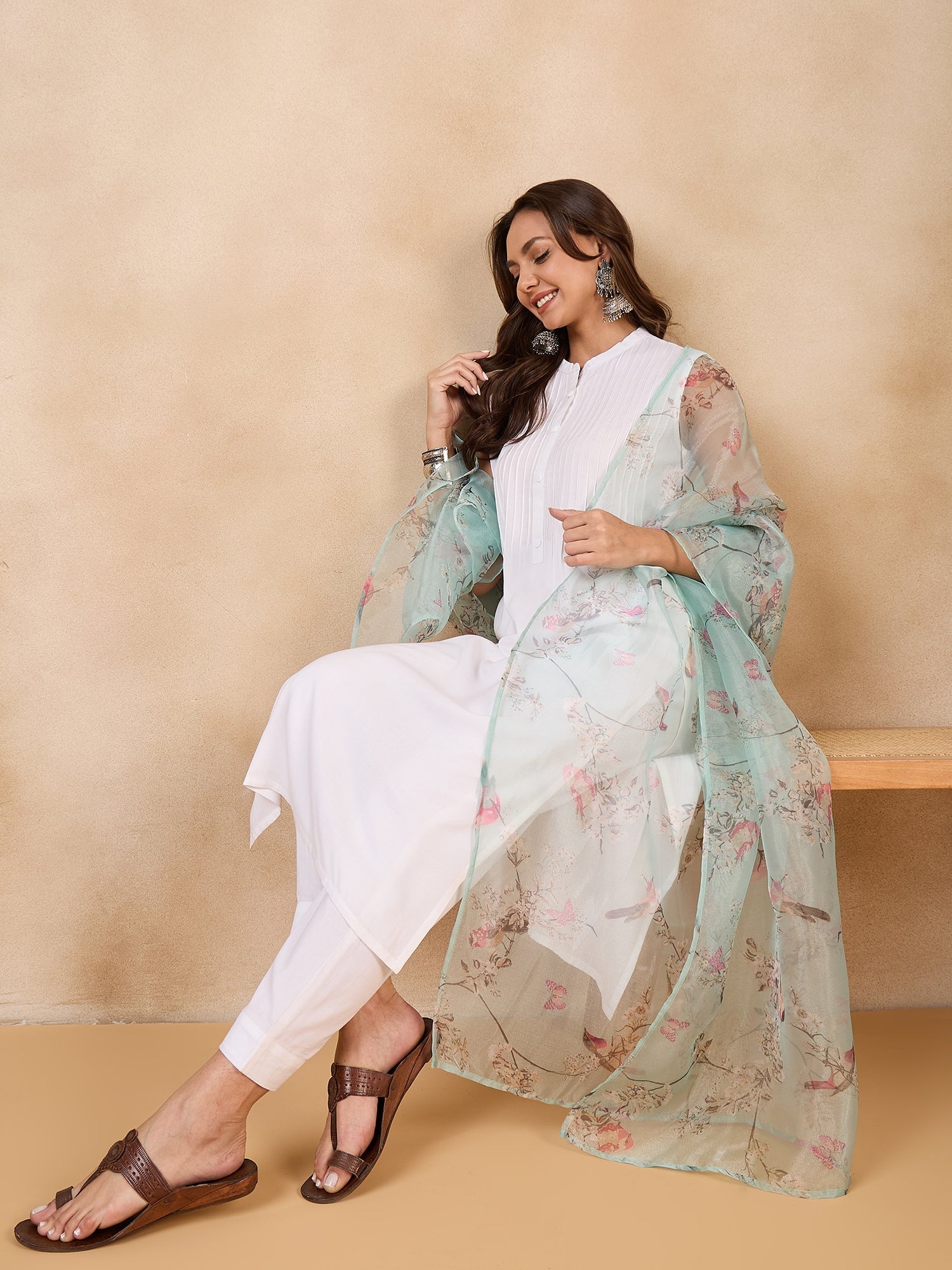 InWeave Teal Bird Print Organza Dupatta 