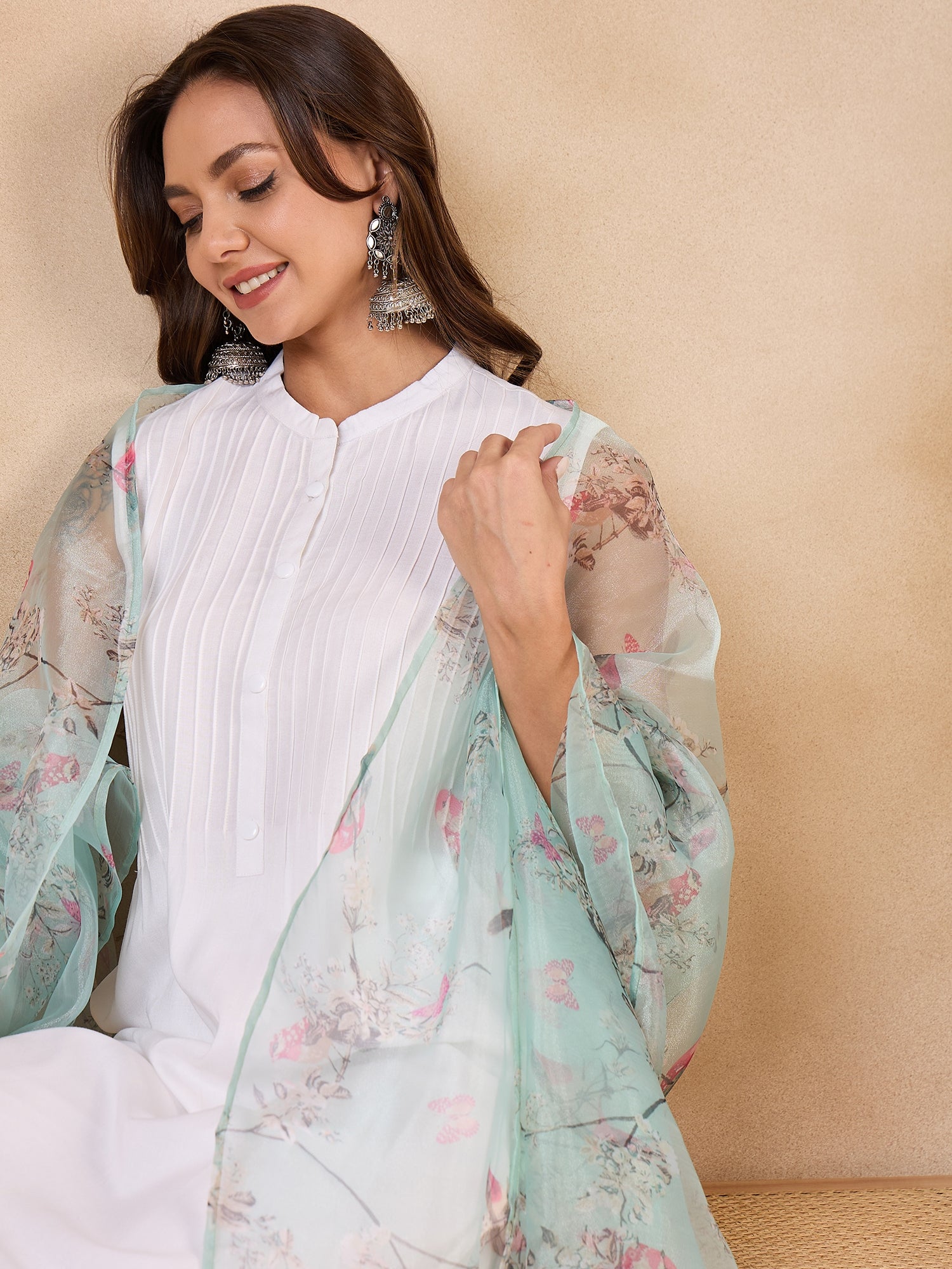 InWeave Teal Bird Print Organza Dupatta 