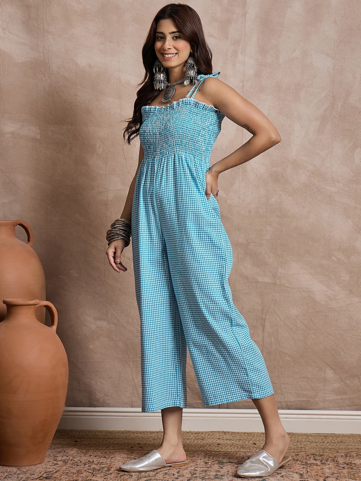 InWeave Cyan Blue Small Check Strappy Jumpsuit 