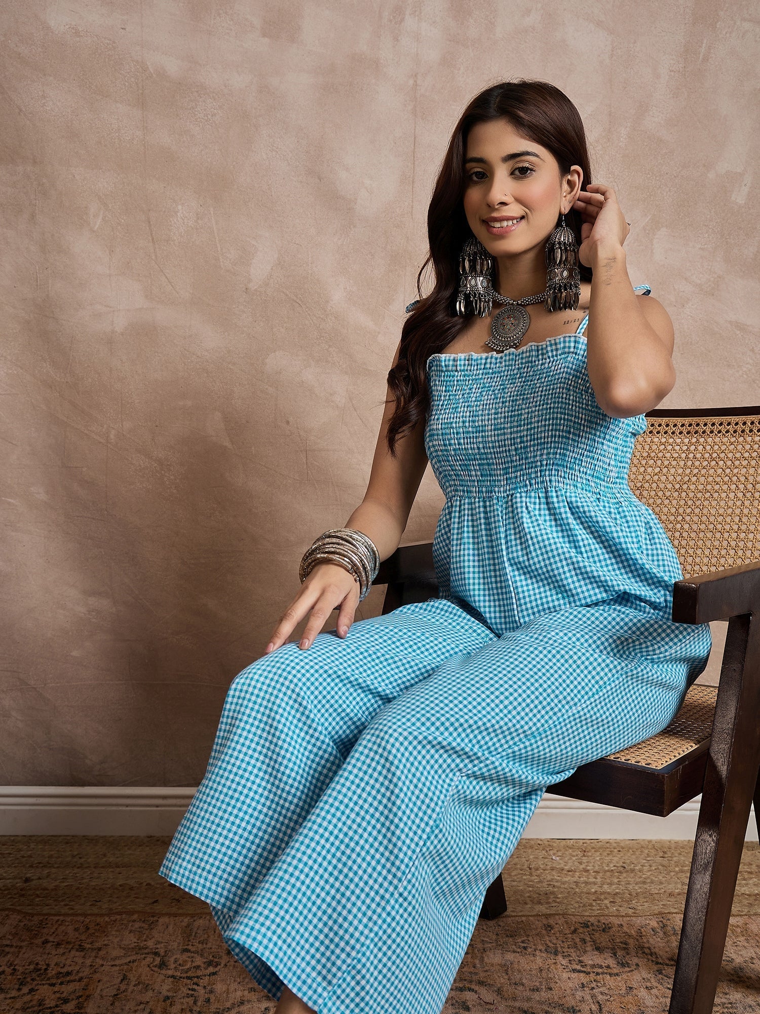 InWeave Cyan Blue Small Check Strappy Jumpsuit 