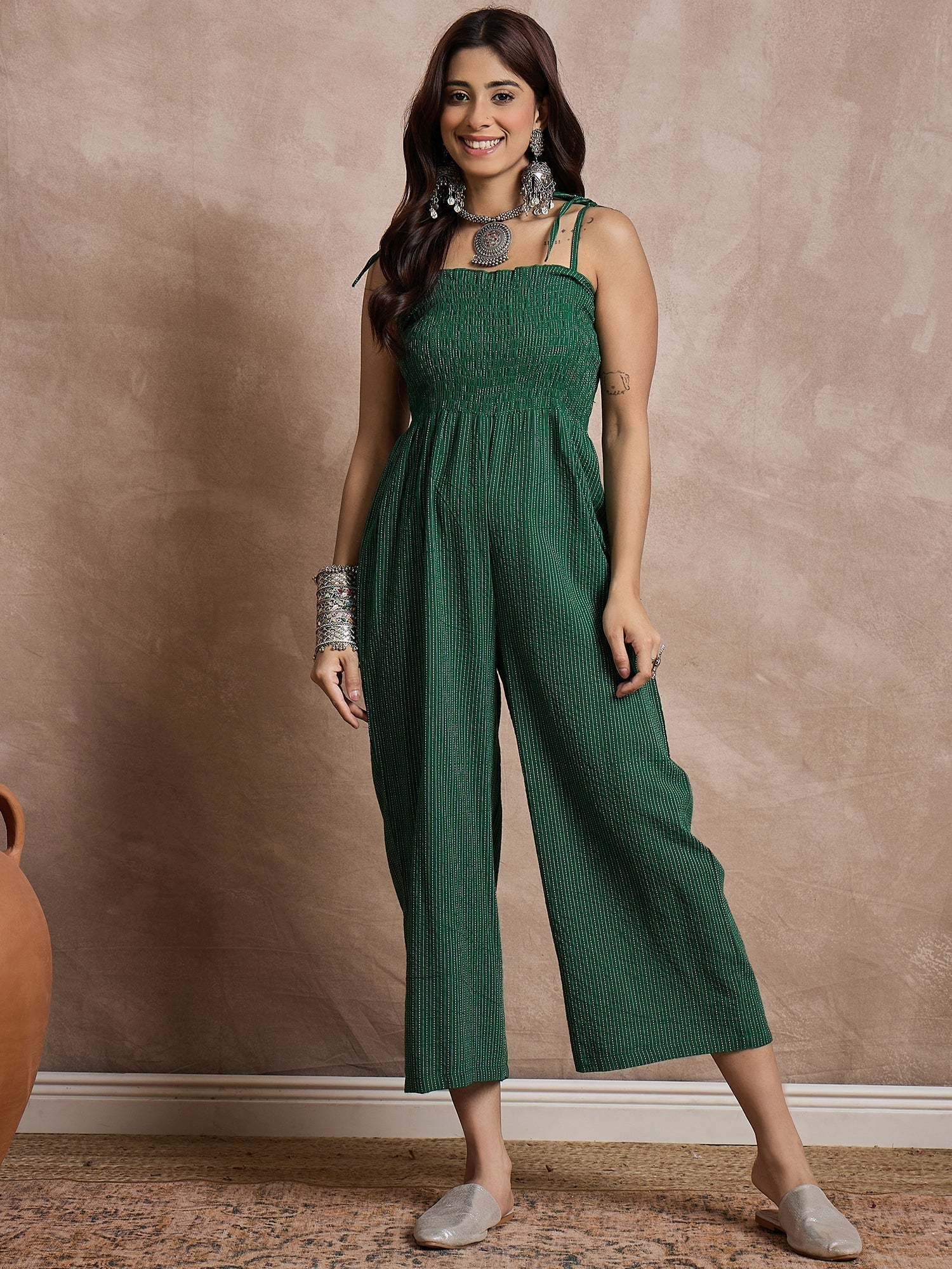 InWeave Green Kantha Strappy Jumpsuit 