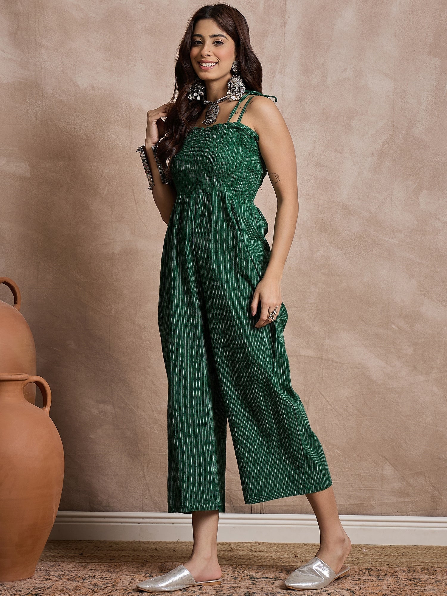 InWeave Green Kantha Strappy Jumpsuit 