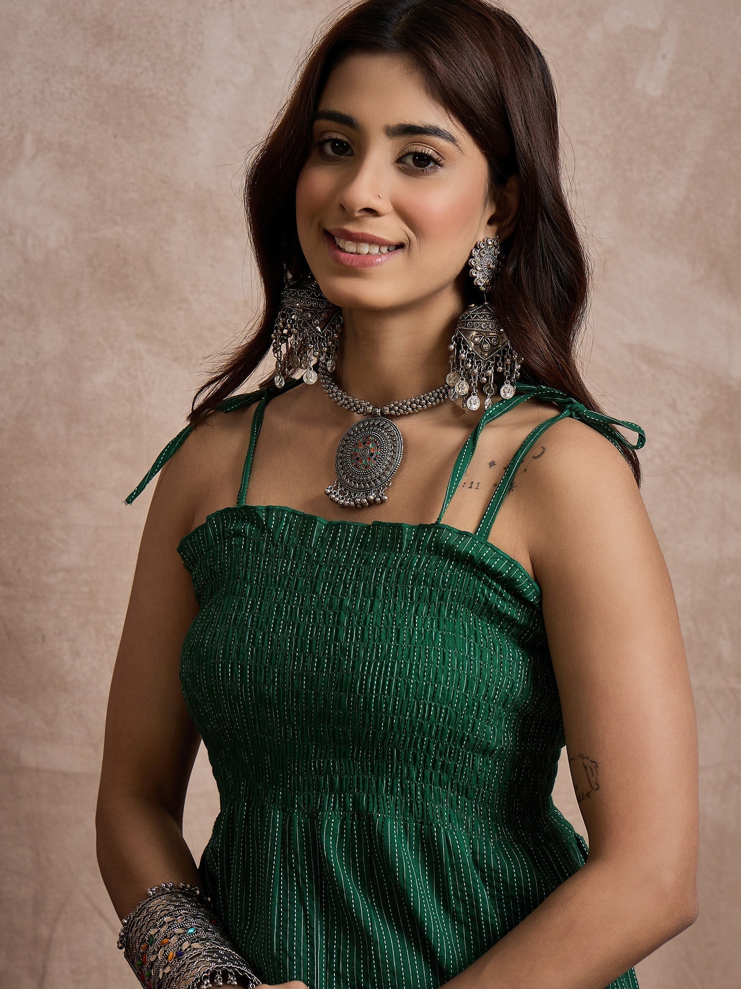 InWeave Green Kantha Strappy Jumpsuit 