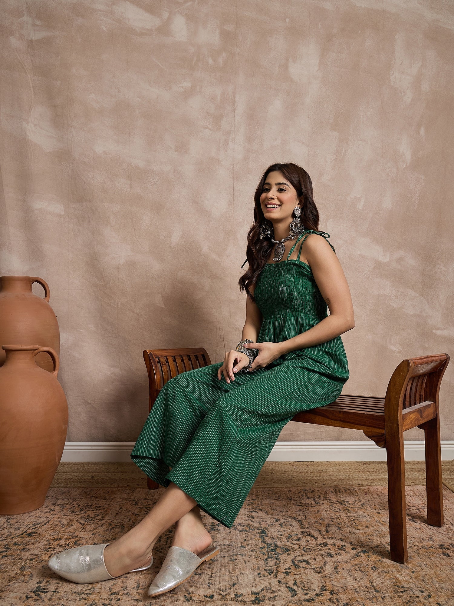 InWeave Green Kantha Strappy Jumpsuit 