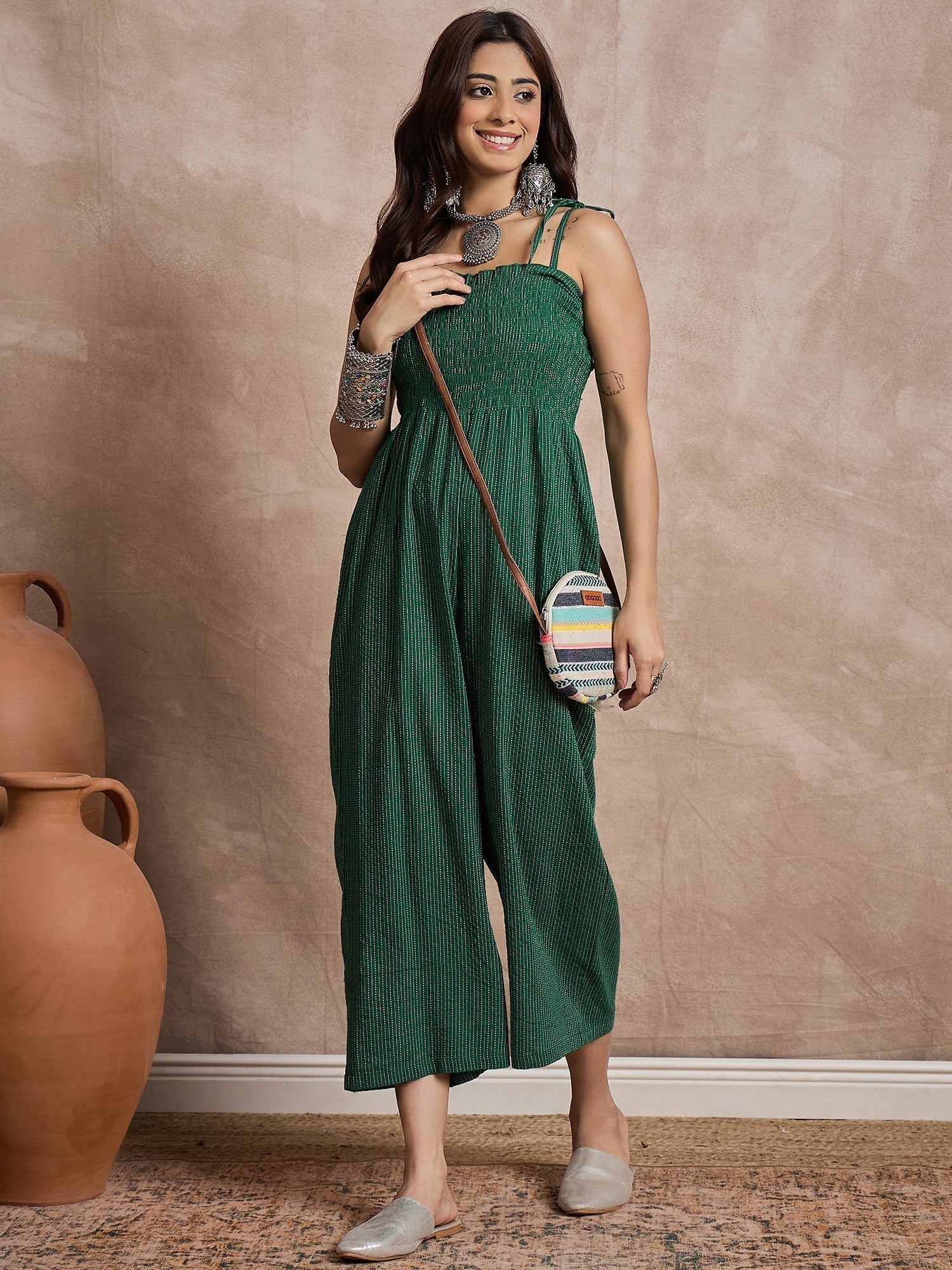 InWeave Green Kantha Strappy Jumpsuit 