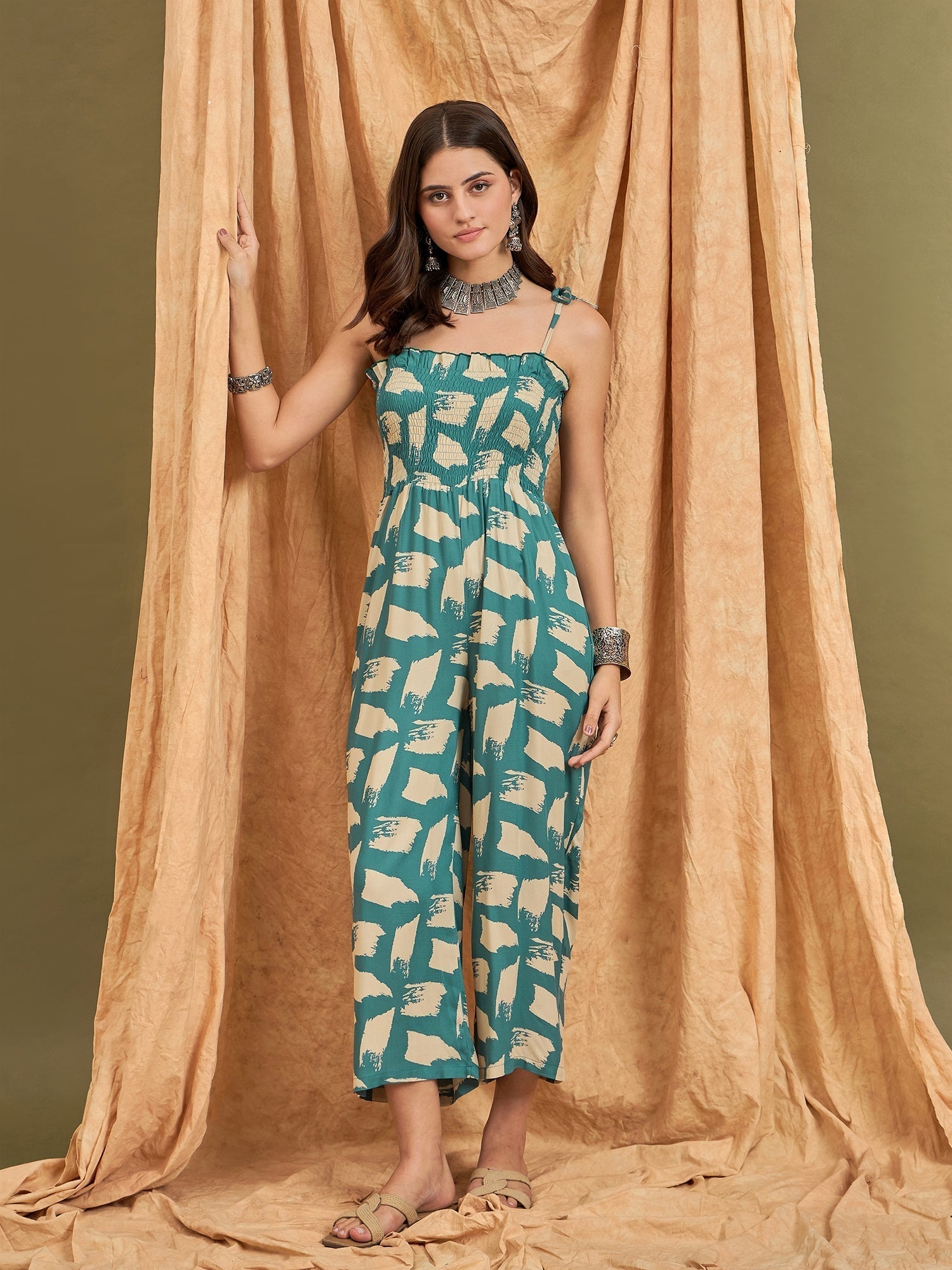 InWeave Marin Teal Beige Strappy Jumpsuit 