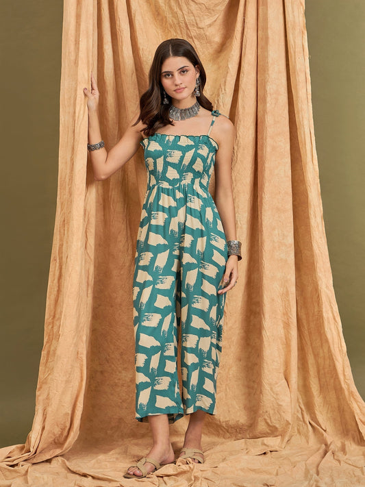 InWeave Marin Teal Beige Strappy Jumpsuit 