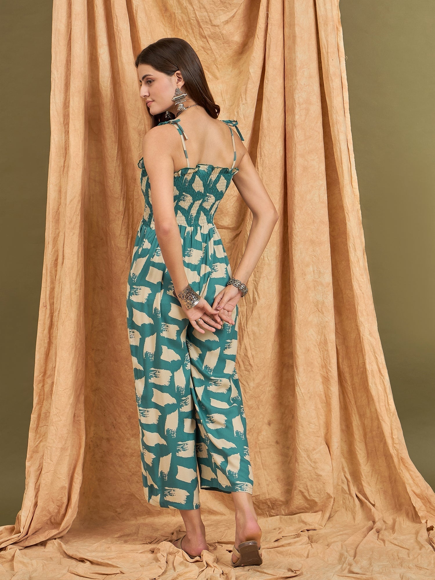 InWeave Marin Teal Beige Strappy Jumpsuit 