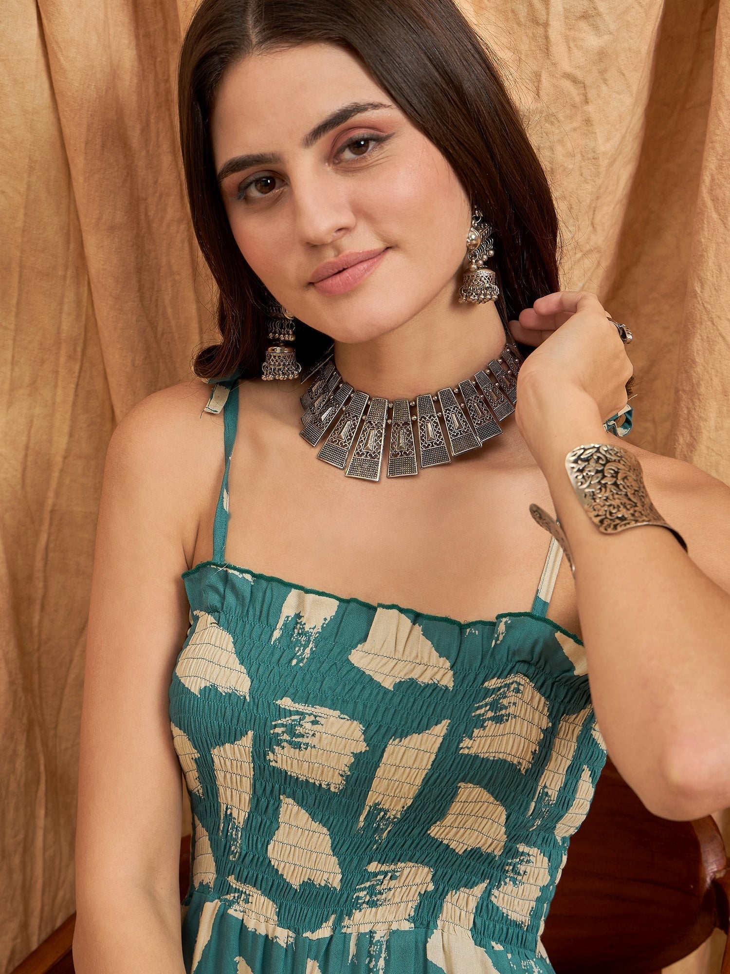 InWeave Marin Teal Beige Strappy Jumpsuit 