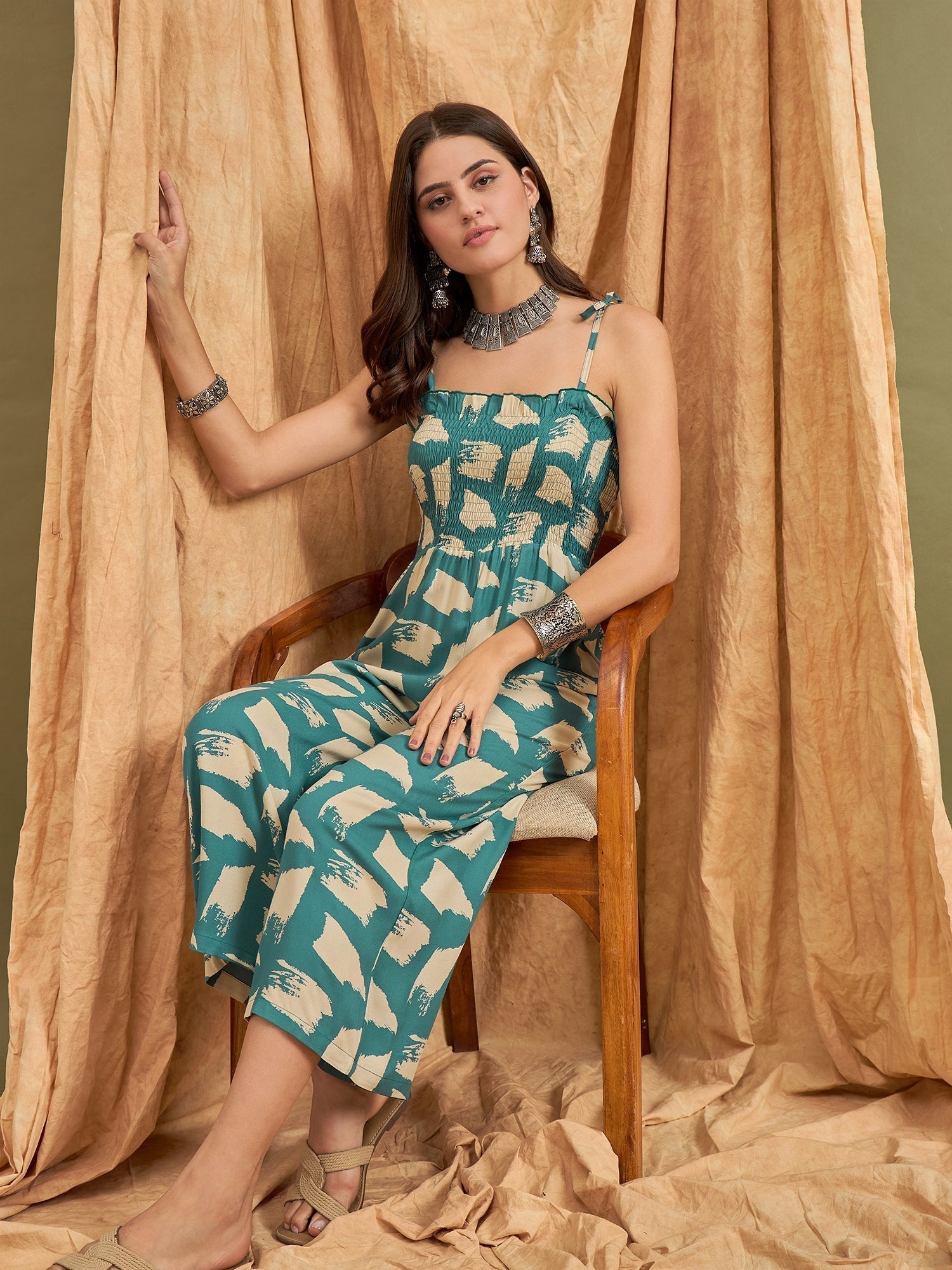 InWeave Marin Teal Beige Strappy Jumpsuit 