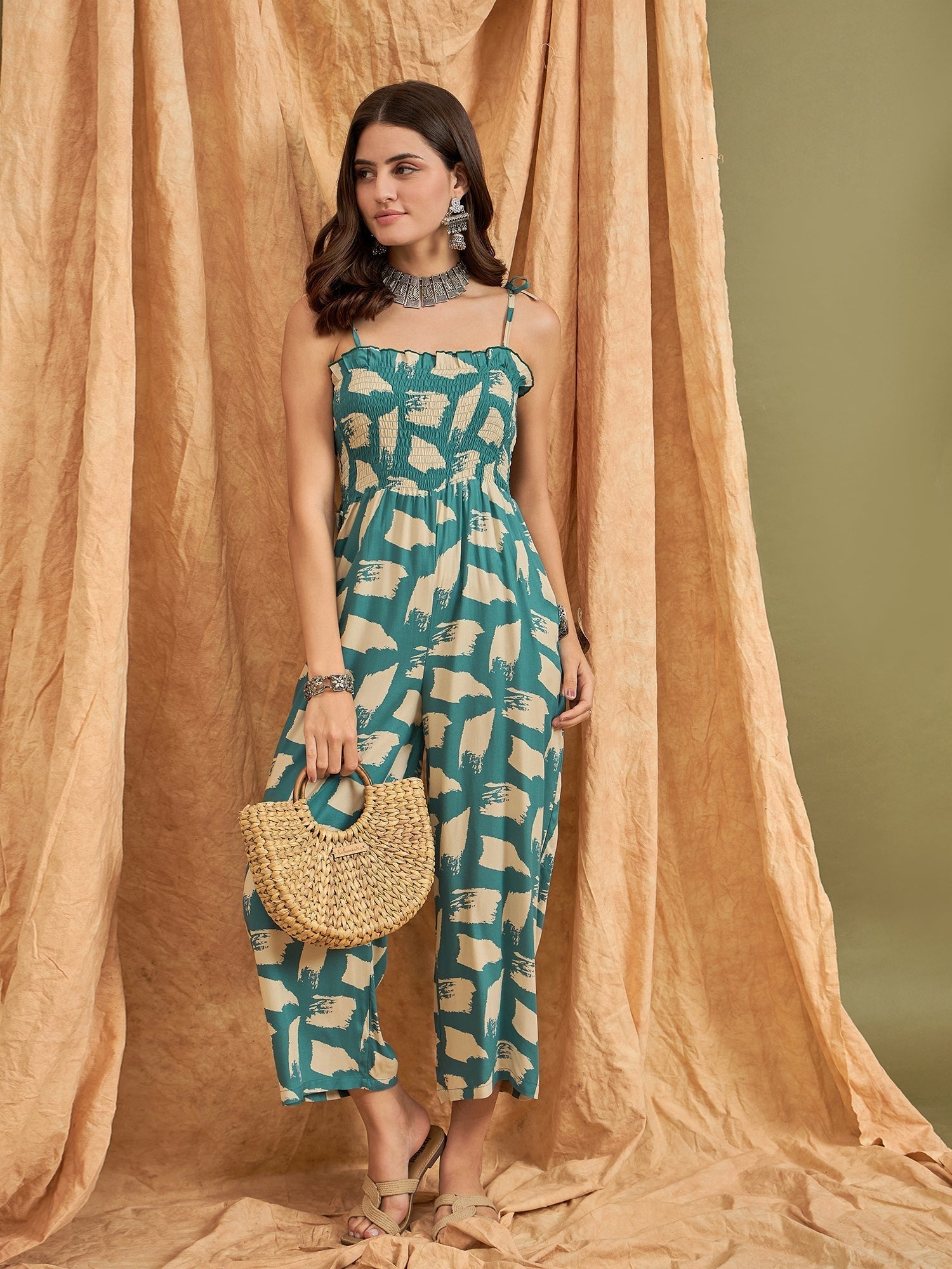 InWeave Marin Teal Beige Strappy Jumpsuit 