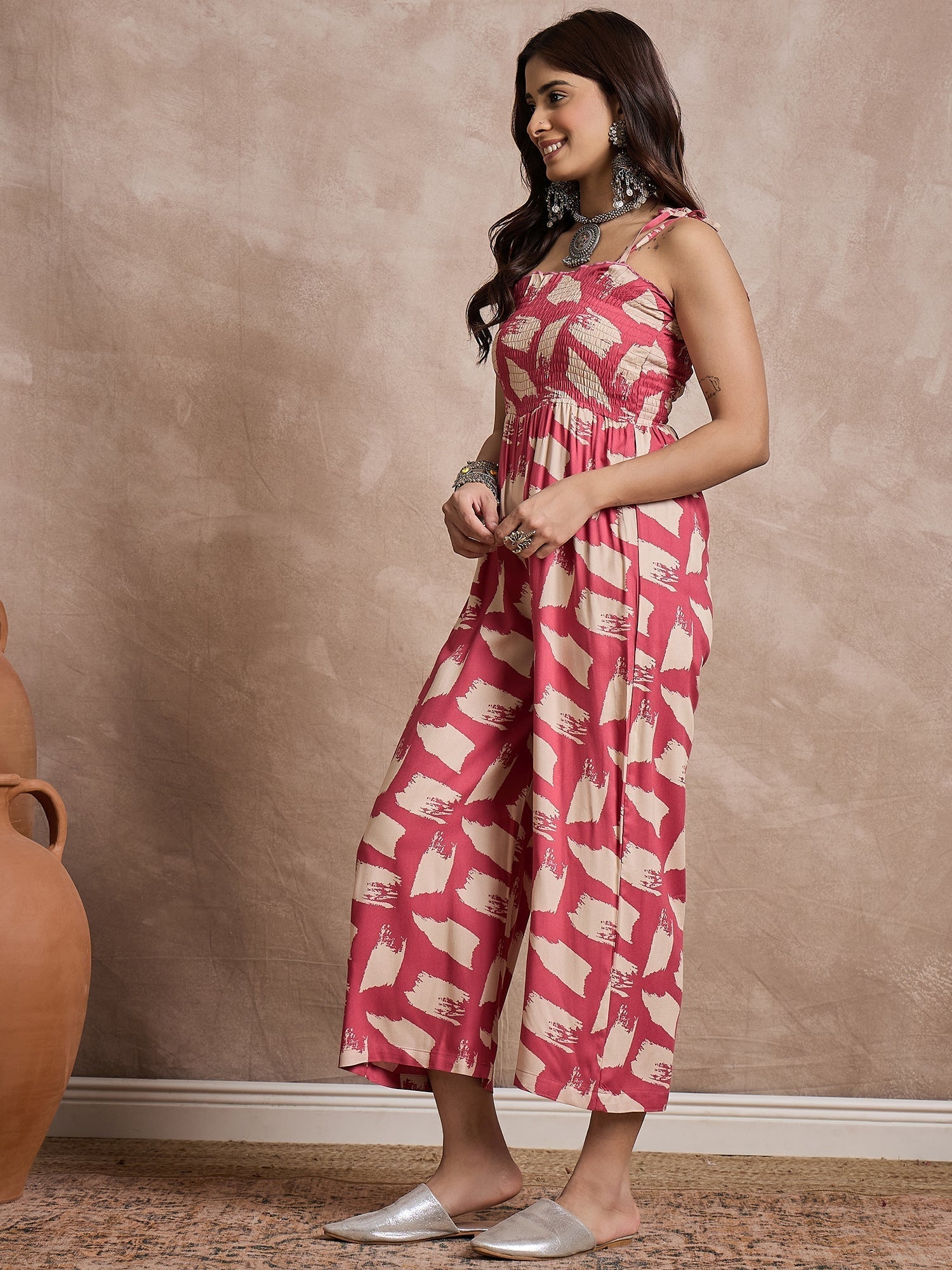 InWeave Punch Pink Beige Strappy Jumpsuit 