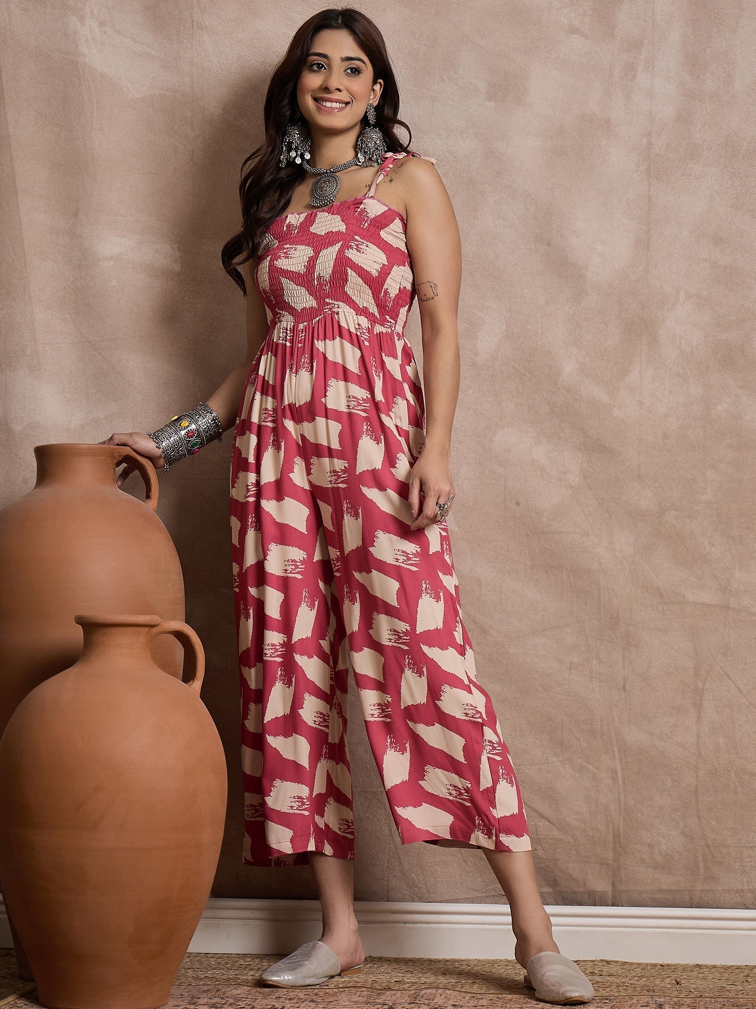 InWeave Punch Pink Beige Strappy Jumpsuit 