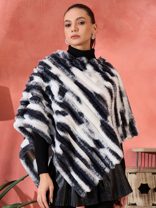 InWeave Black White Dye Rabbit Faux Fur Poncho 