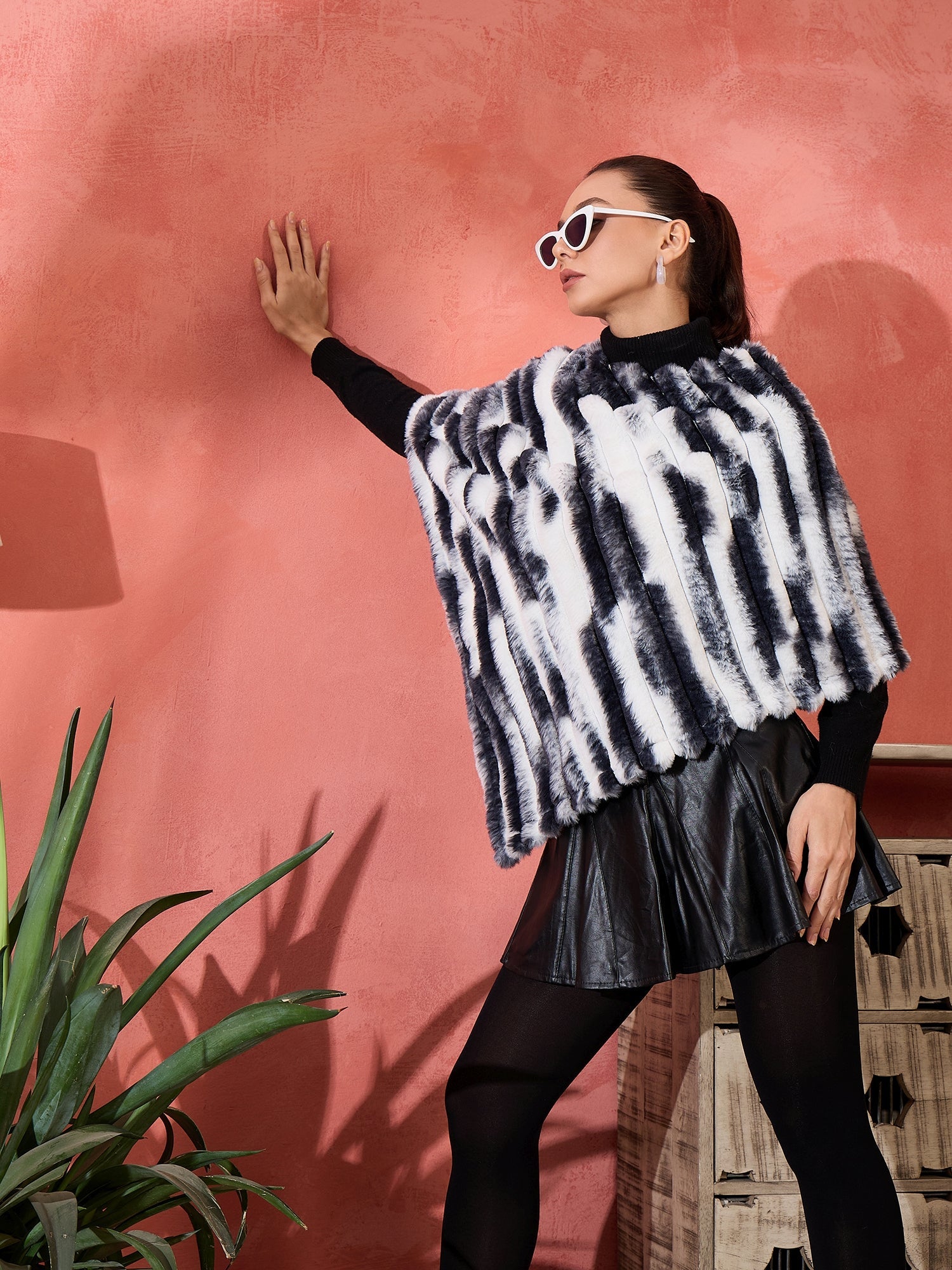 InWeave Black White Dye Rabbit Faux Fur Poncho 