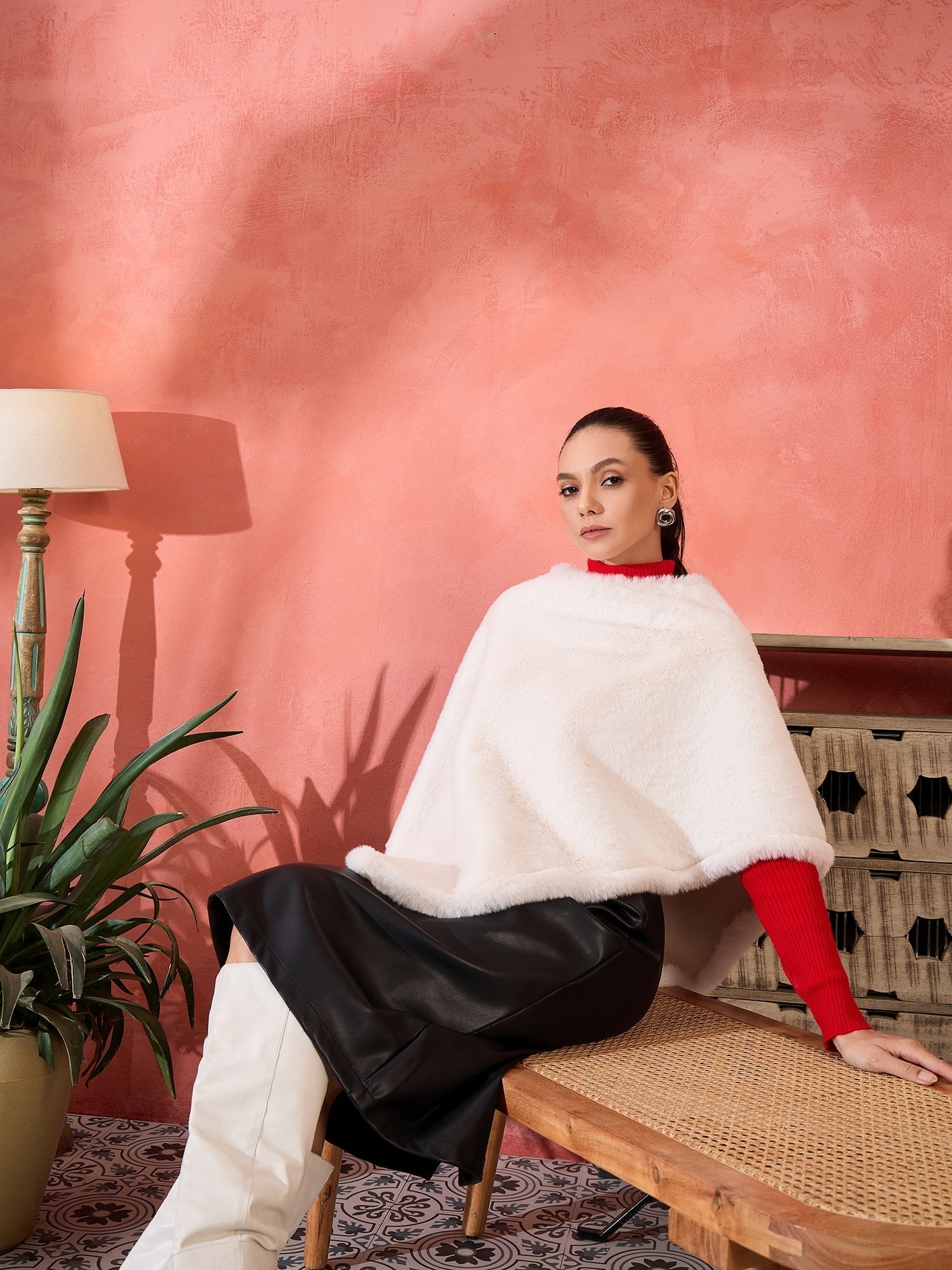 InWeave Cream Rabbit Faux Fur Poncho 