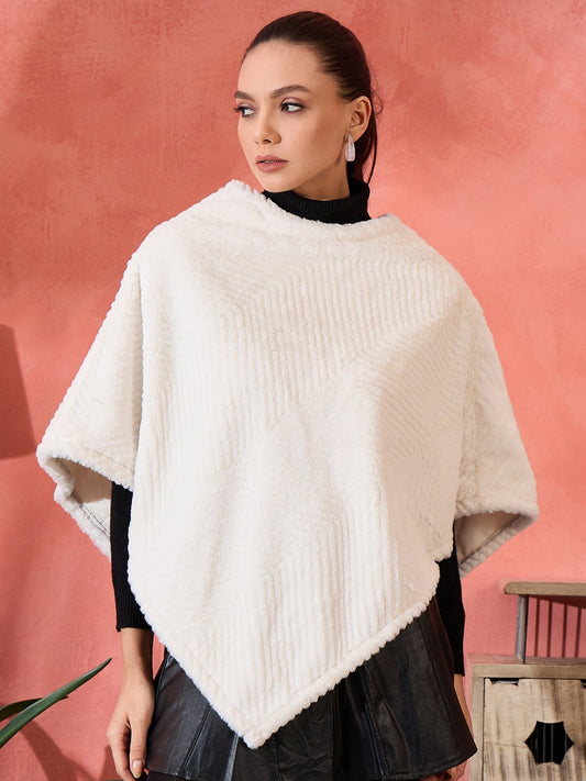 InWeave Cream Striped Rabbit Faux Fur Poncho 