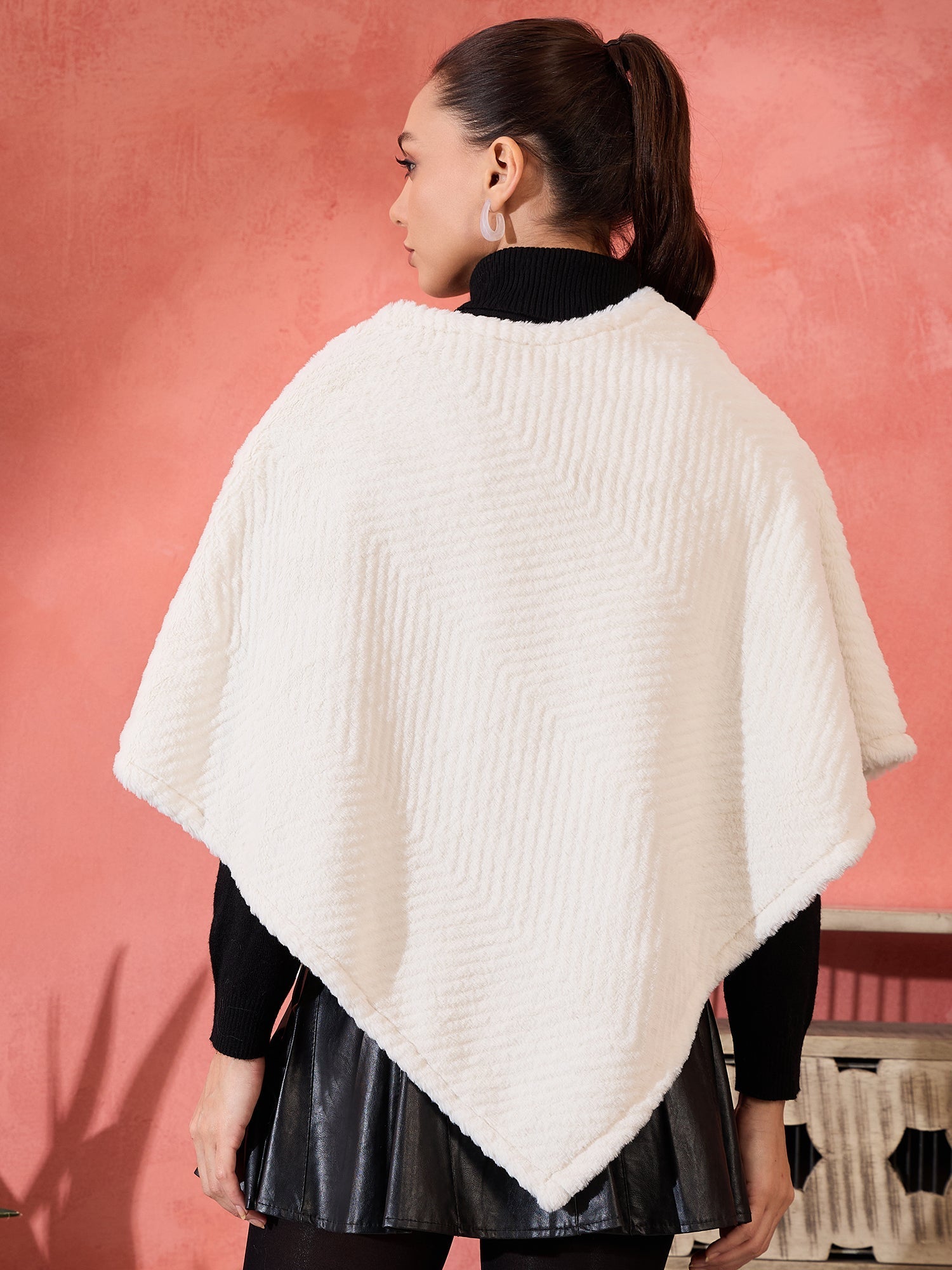 InWeave Cream Striped Rabbit Faux Fur Poncho 