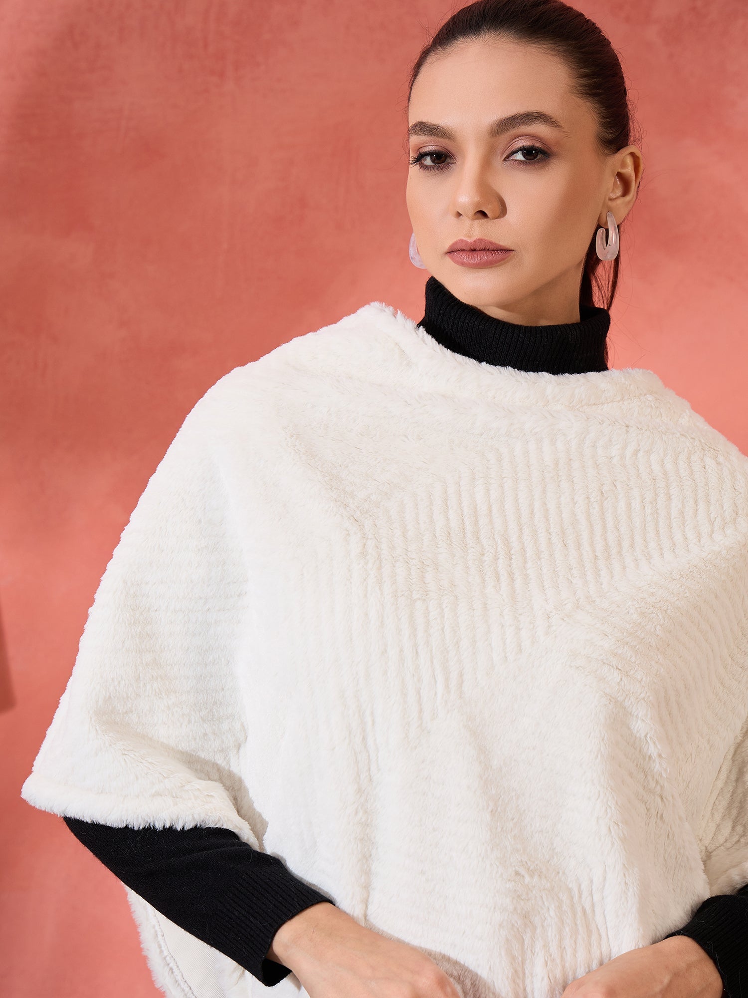 InWeave Cream Striped Rabbit Faux Fur Poncho 