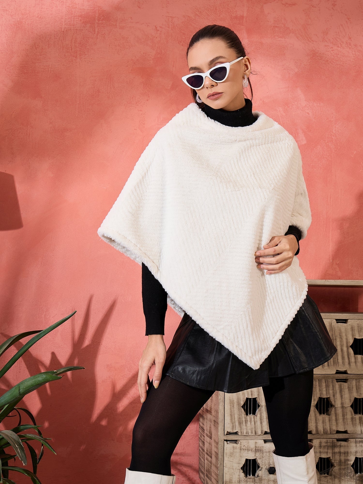 InWeave Cream Striped Rabbit Faux Fur Poncho 