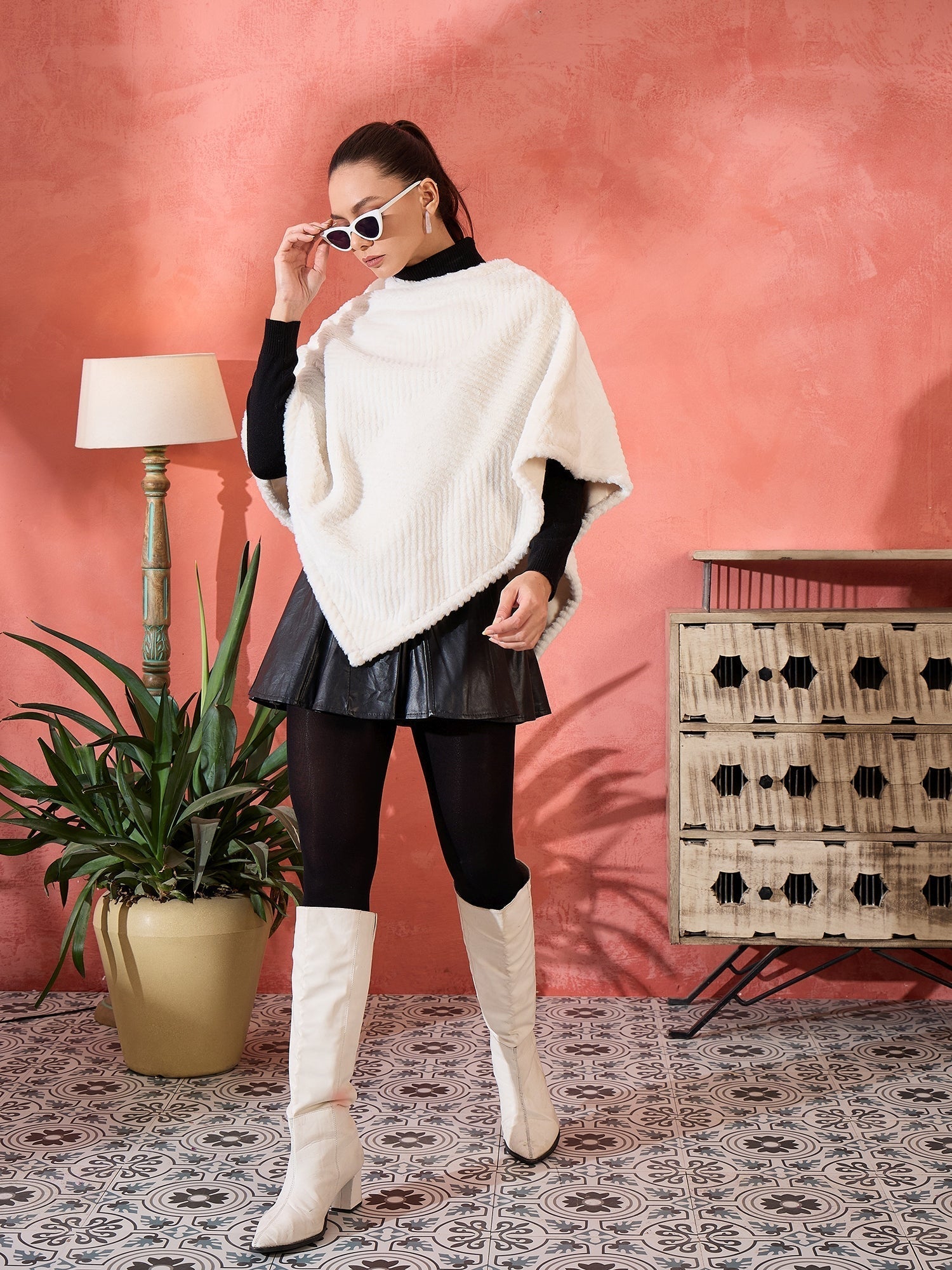 InWeave Cream Striped Rabbit Faux Fur Poncho 