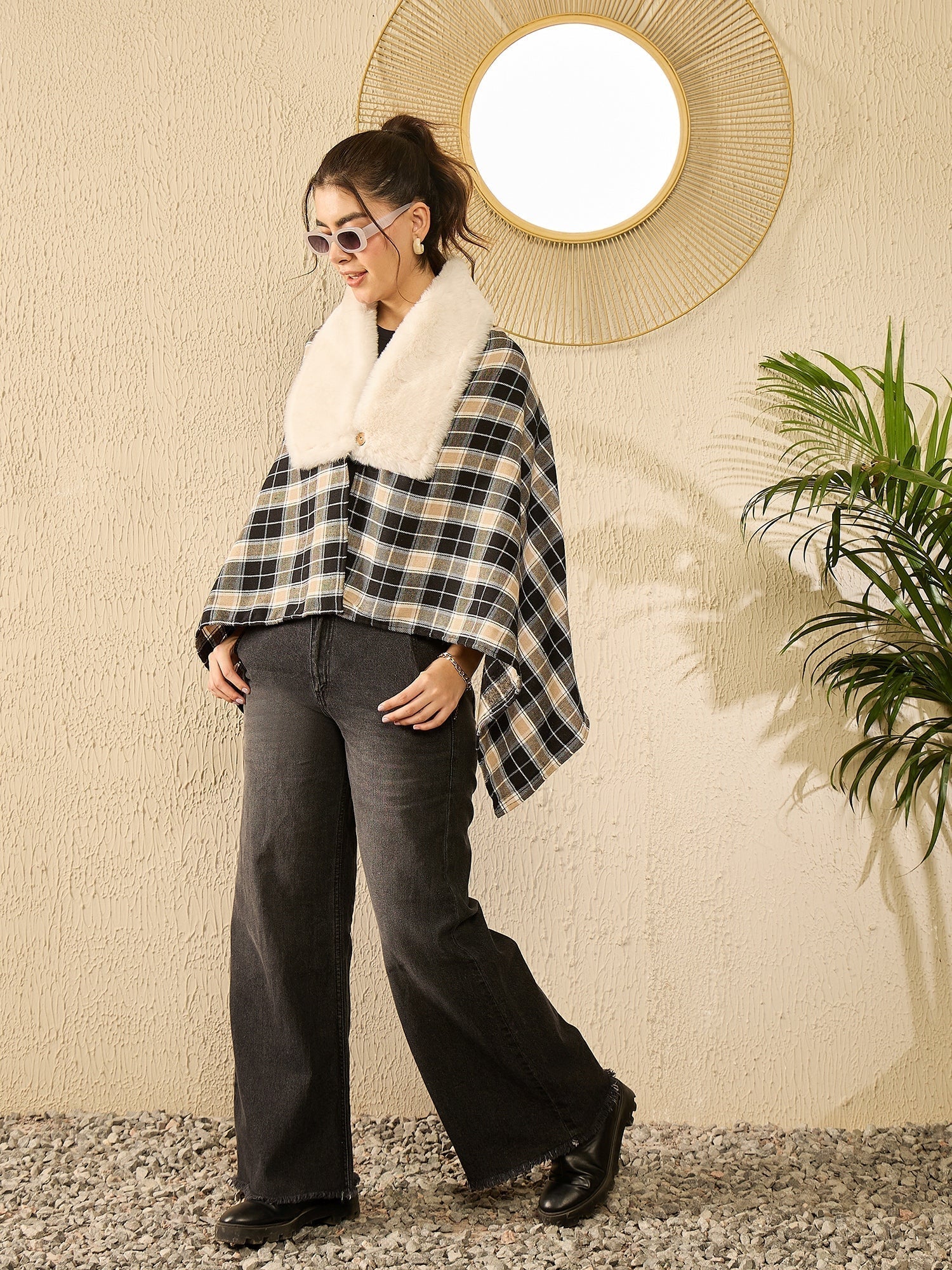 InWeave Black Beige Check Cream Fur Poncho 