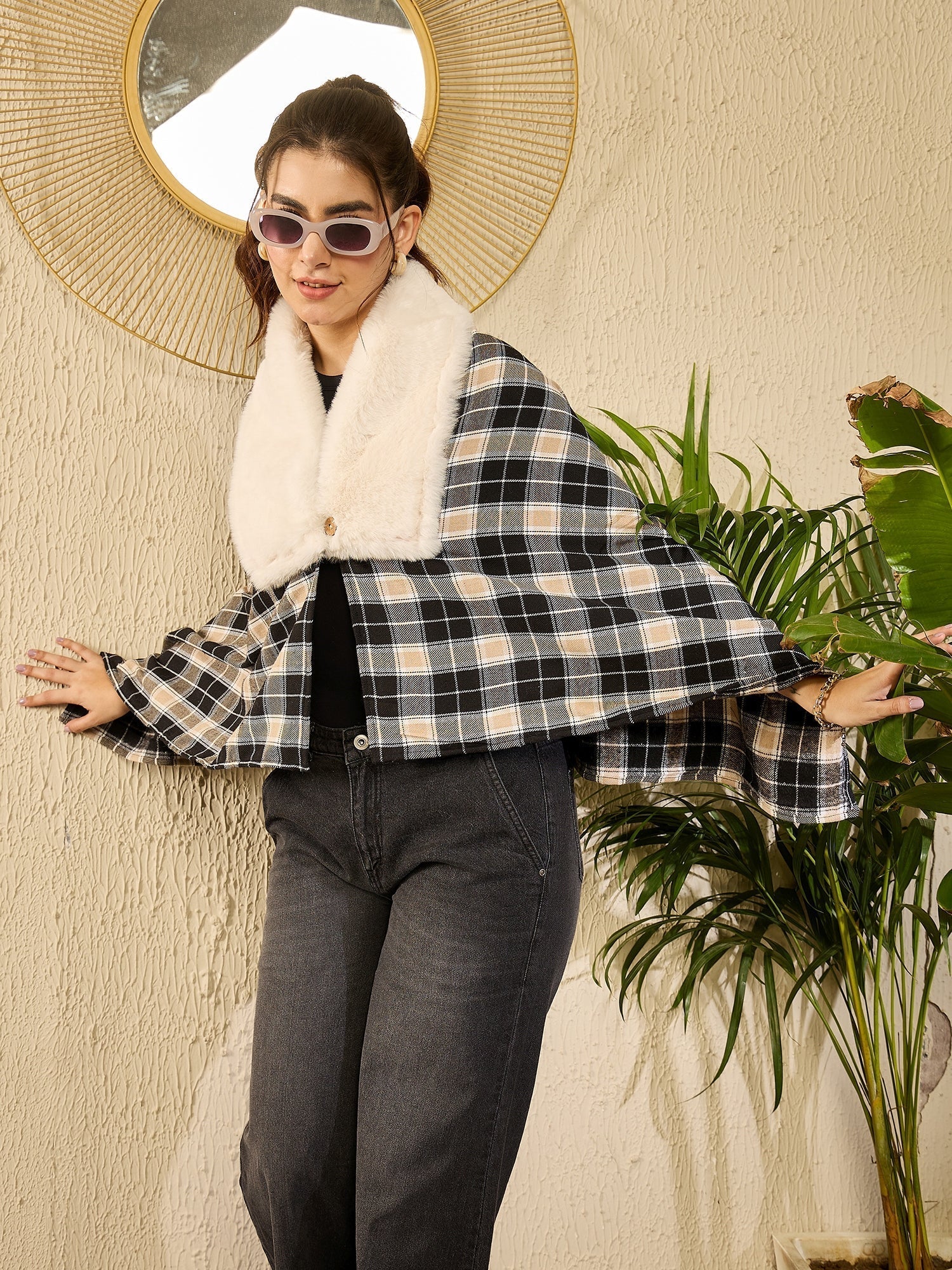 InWeave Black Beige Check Cream Fur Poncho 