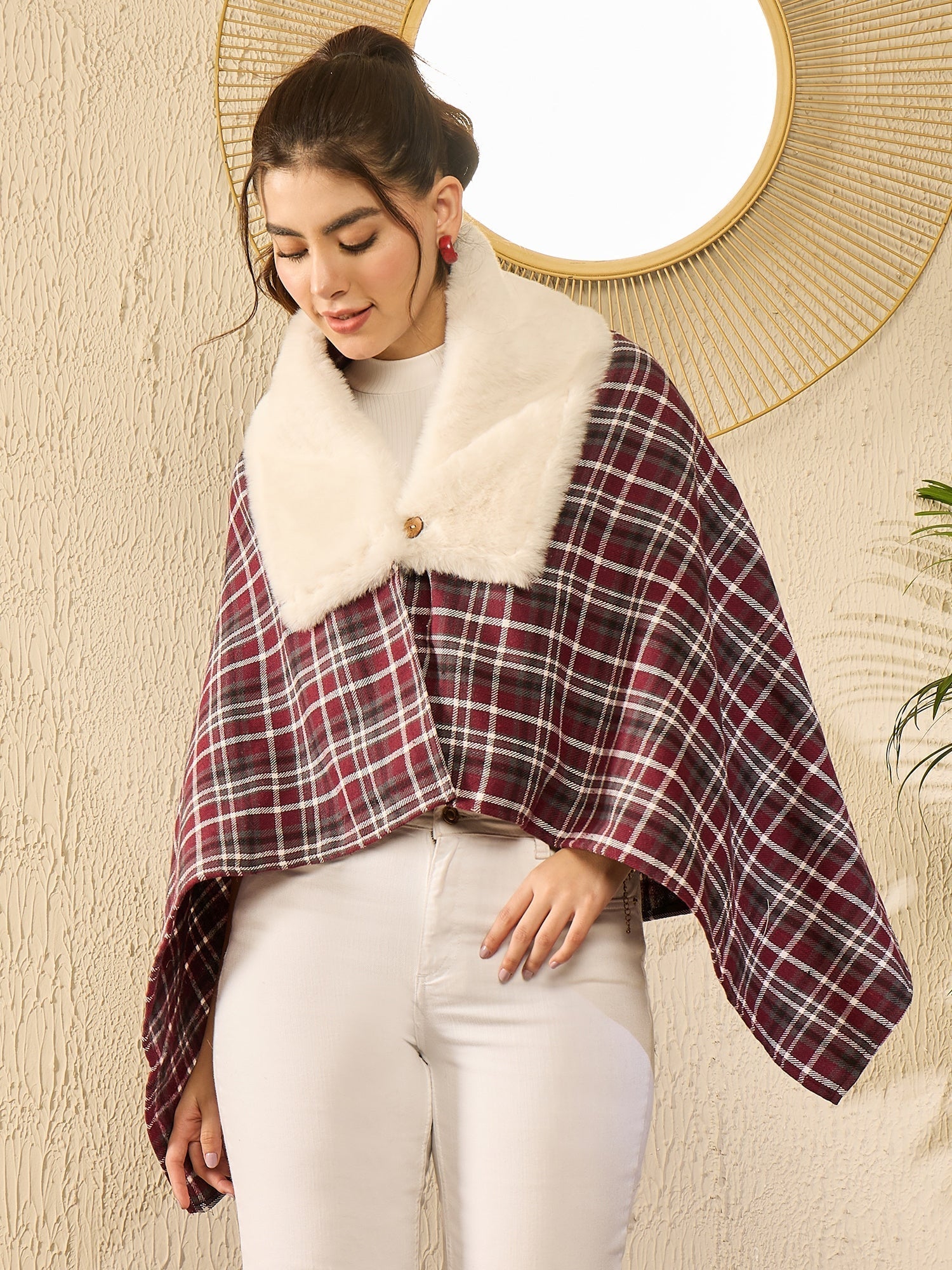 InWeave Burgundy Grey Check Cream Fur Poncho 