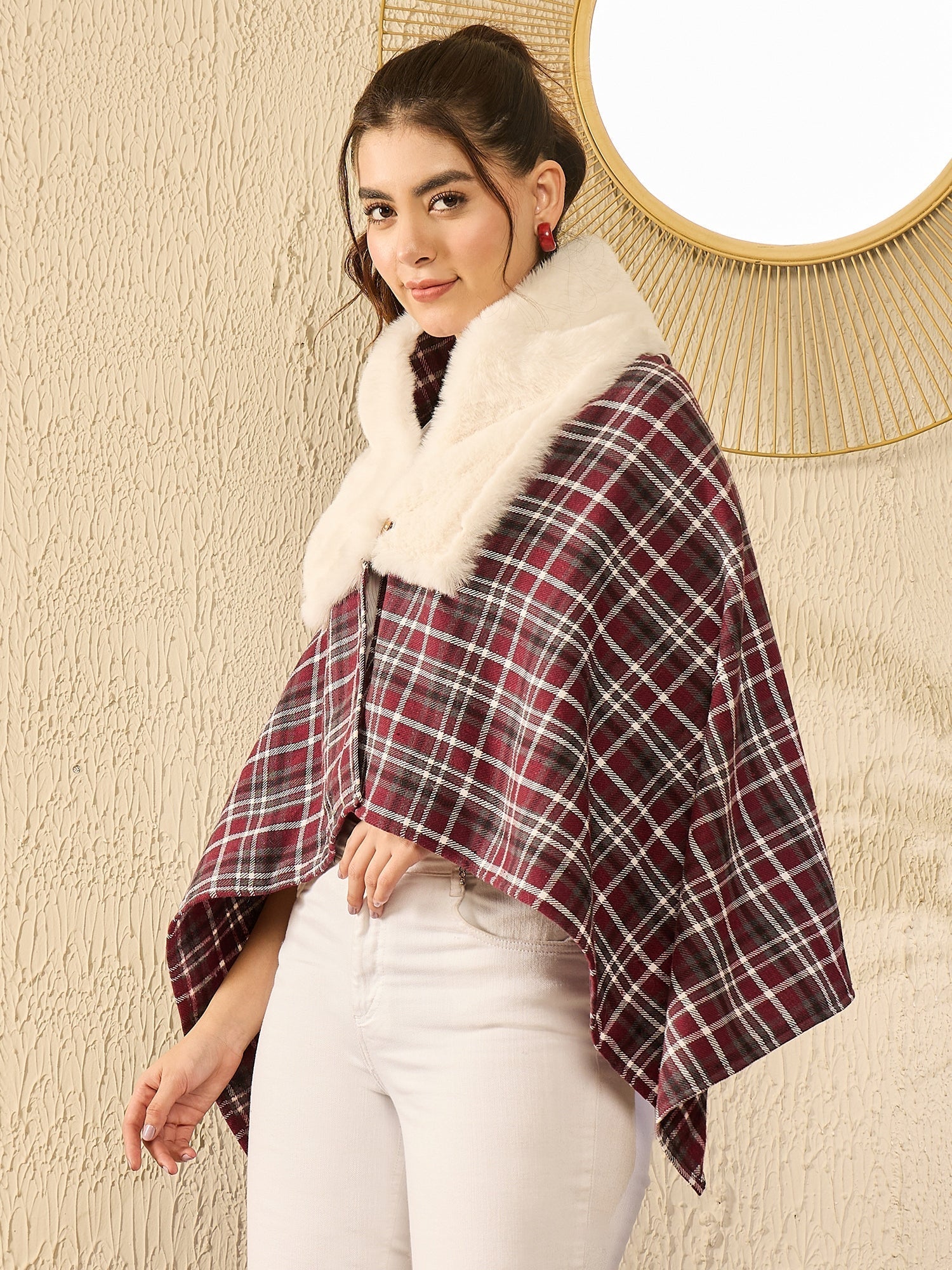 InWeave Burgundy Grey Check Cream Fur Poncho 
