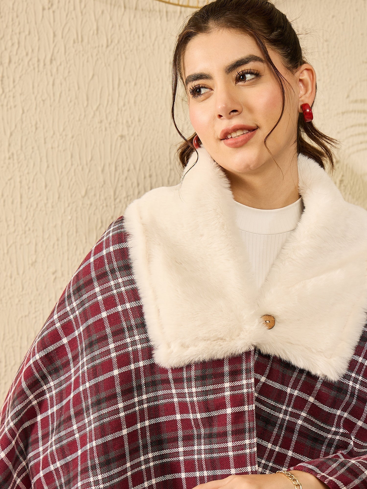 InWeave Burgundy Grey Check Cream Fur Poncho 