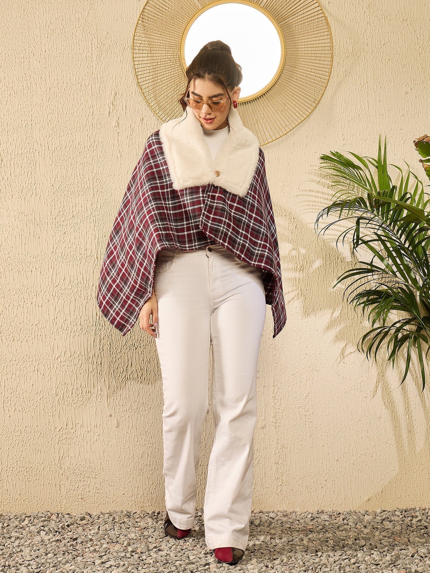 InWeave Burgundy Grey Check Cream Fur Poncho 