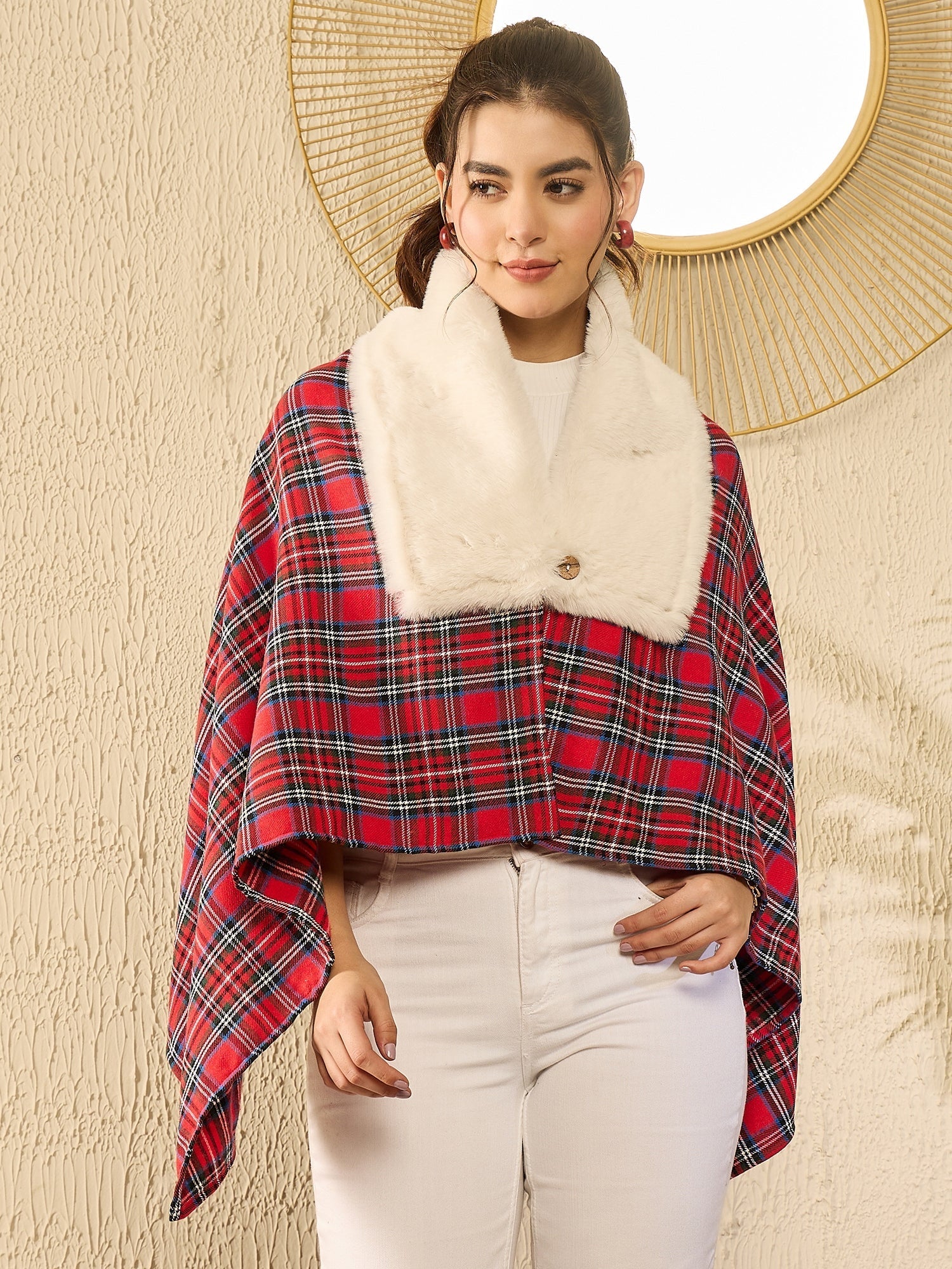 InWeave Red Green Check Cream Fur Poncho 