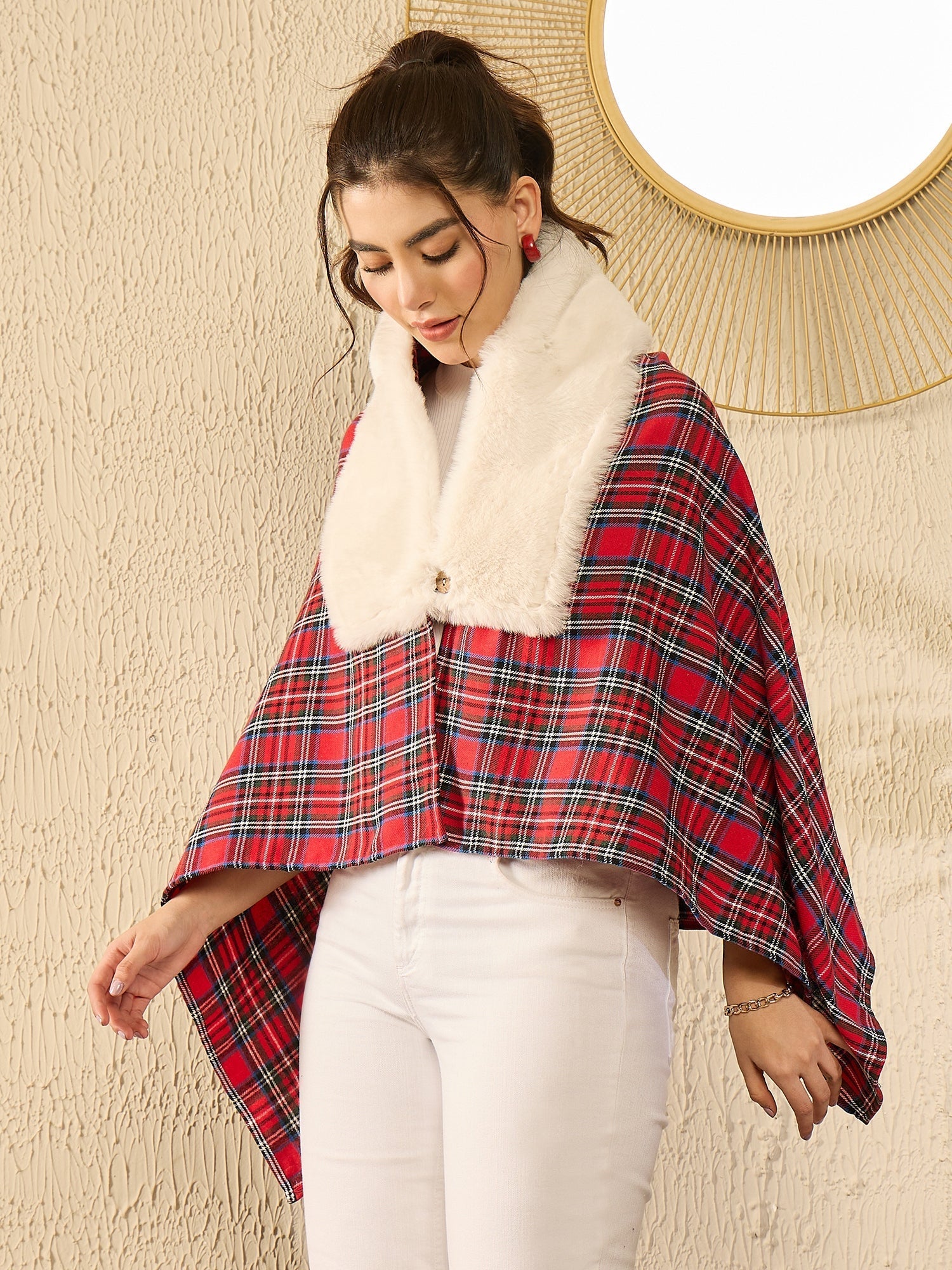 InWeave Red Green Check Cream Fur Poncho 