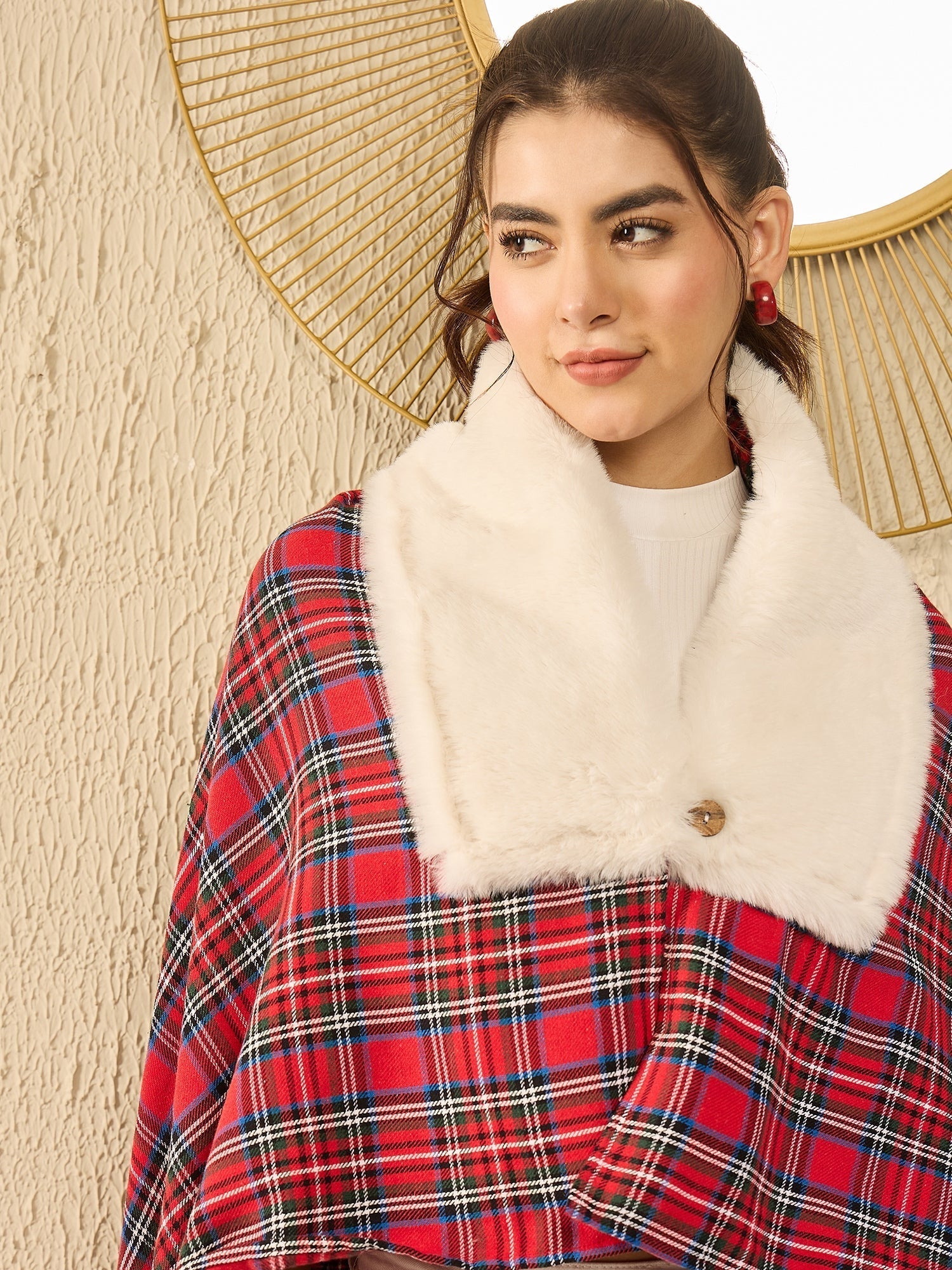 InWeave Red Green Check Cream Fur Poncho 