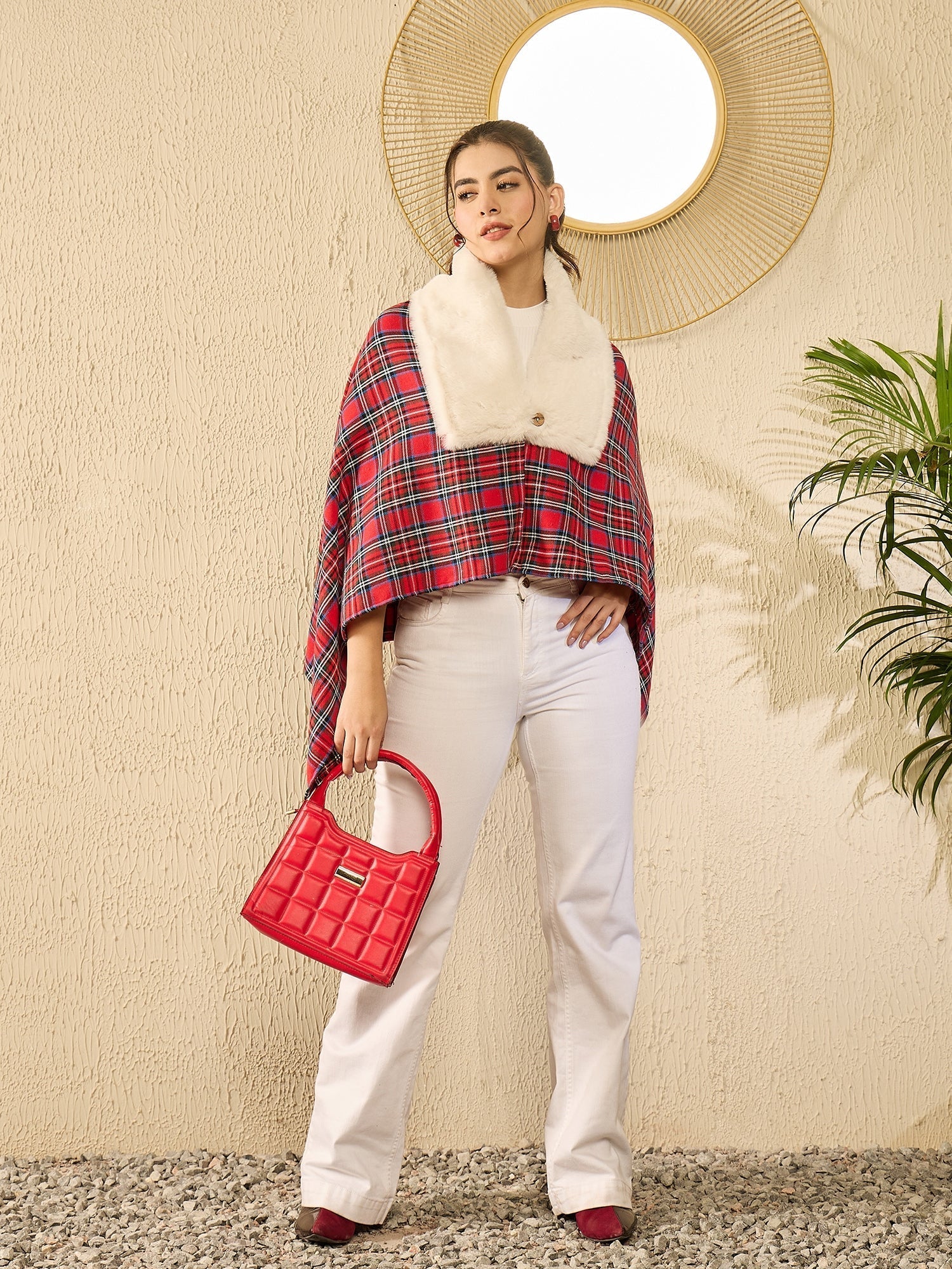 InWeave Red Green Check Cream Fur Poncho 