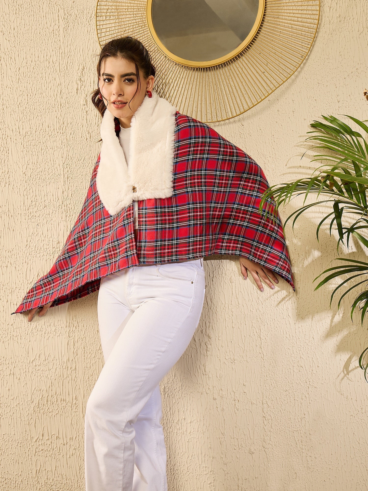 InWeave Red Green Check Cream Fur Poncho 