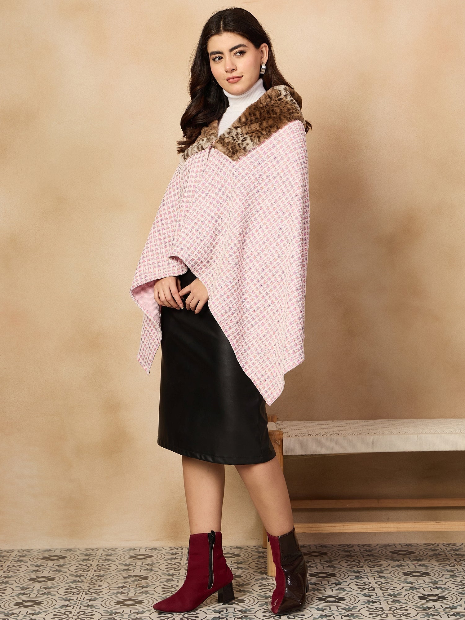 InWeave Pink White Check Acrylic Fur Poncho 