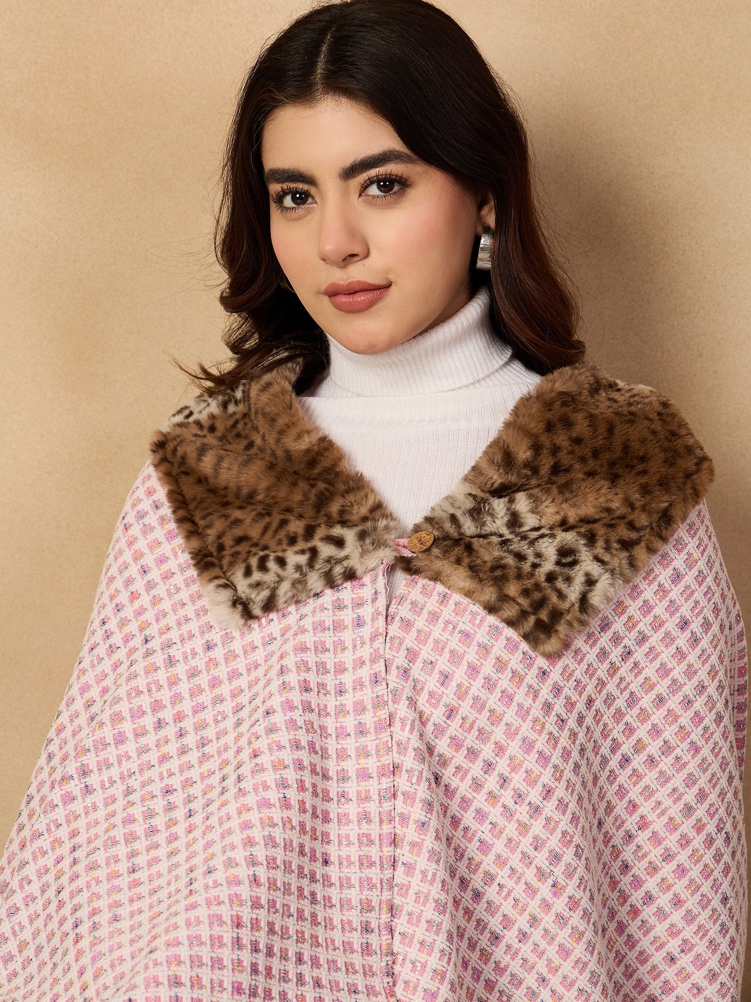 InWeave Pink White Check Acrylic Fur Poncho 