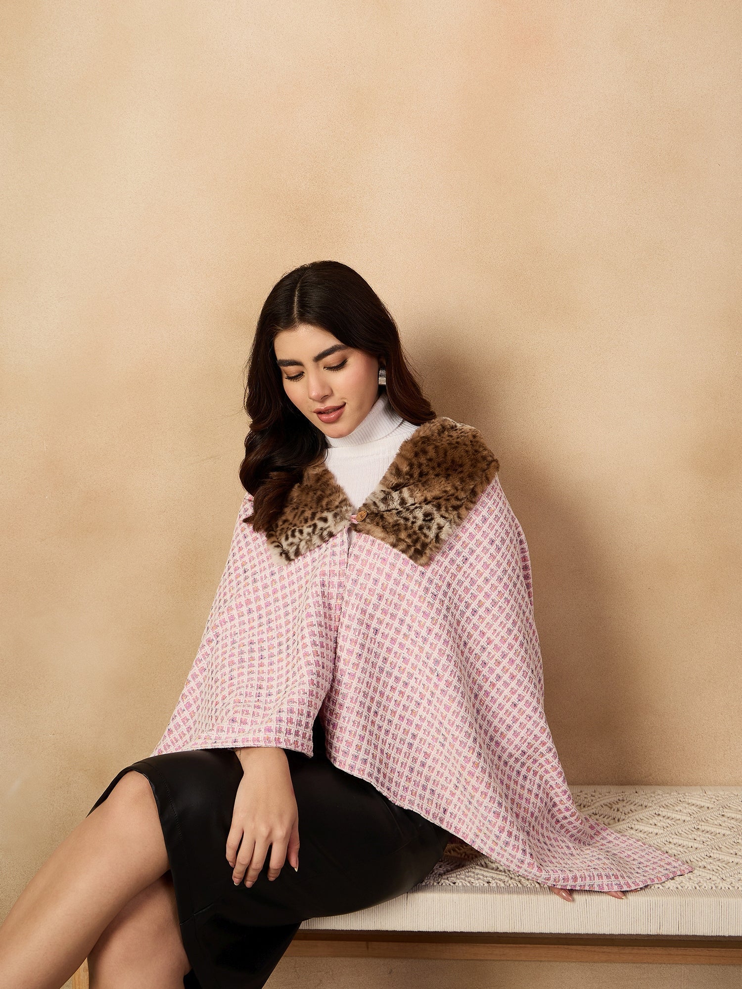 InWeave Pink White Check Acrylic Fur Poncho 