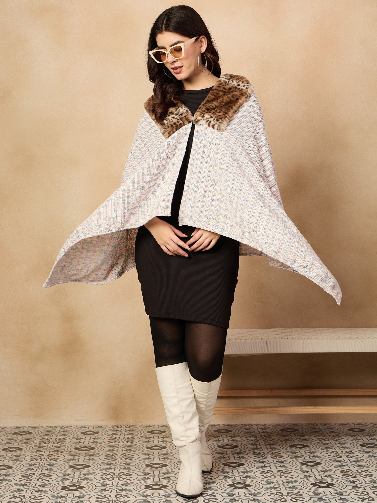InWeave Multi White Acrylic Fur Poncho 
