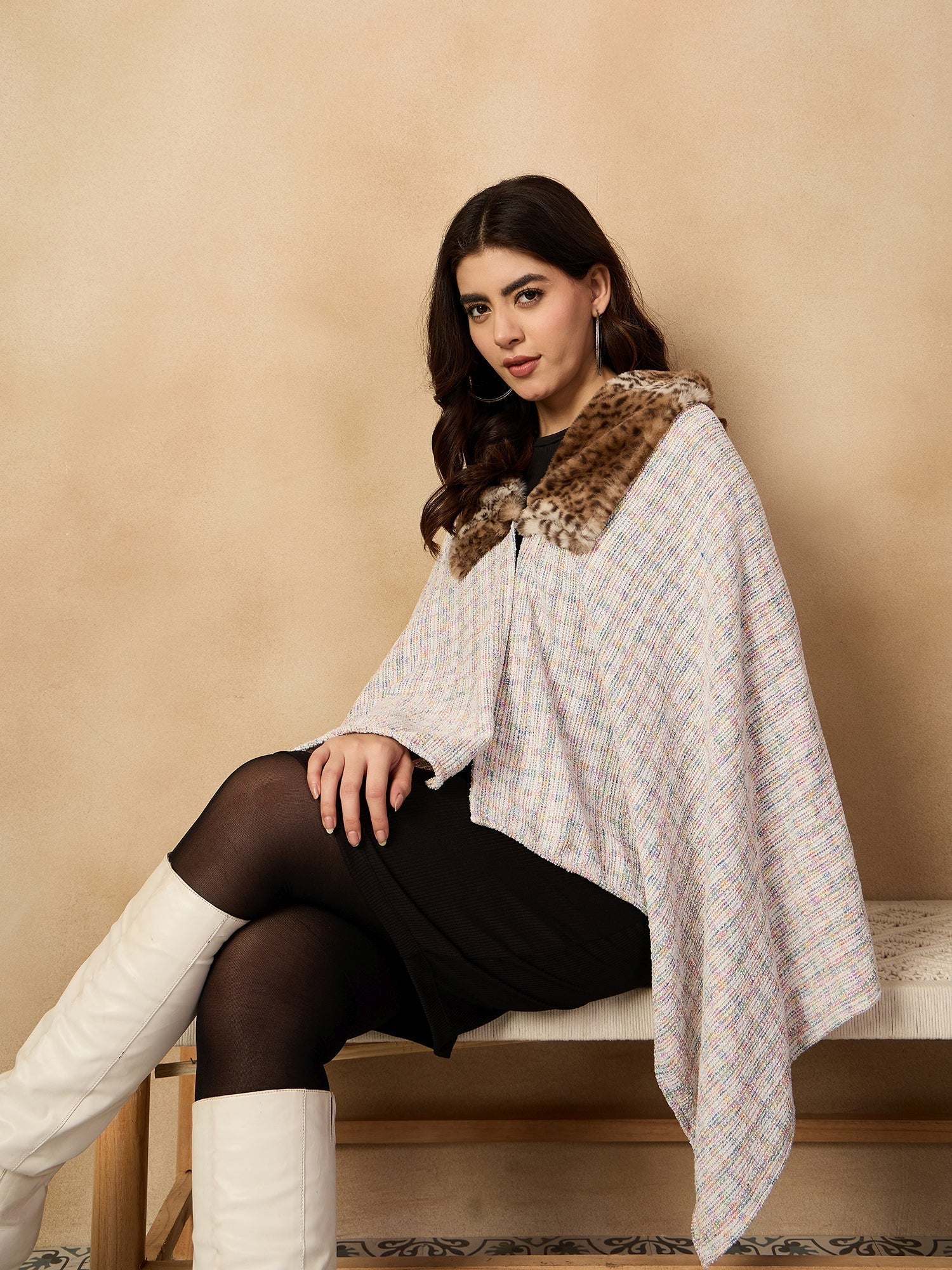 InWeave Multi White Acrylic Fur Poncho 