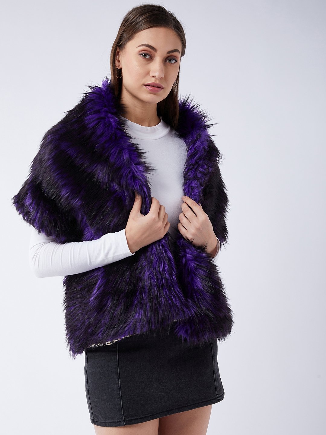 InWeave Purple Black Faux Fur Cape 