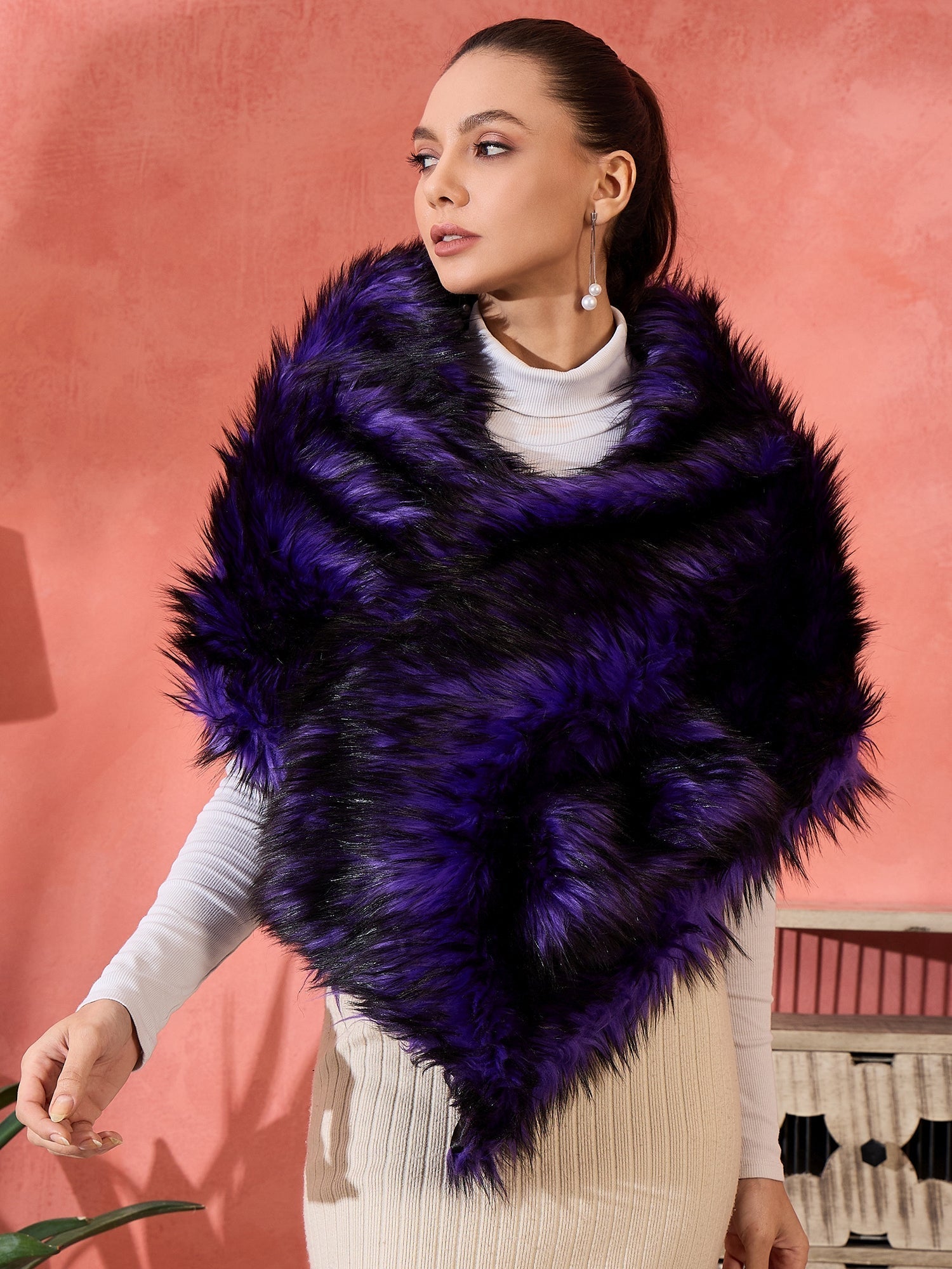 InWeave Purple Black Faux Fur Cape 