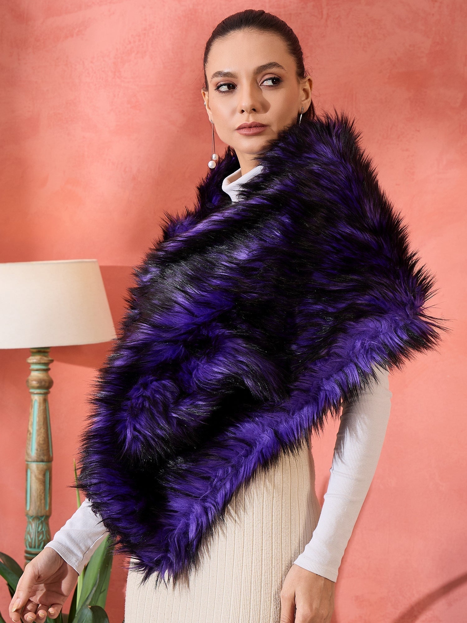 InWeave Purple Black Faux Fur Cape 