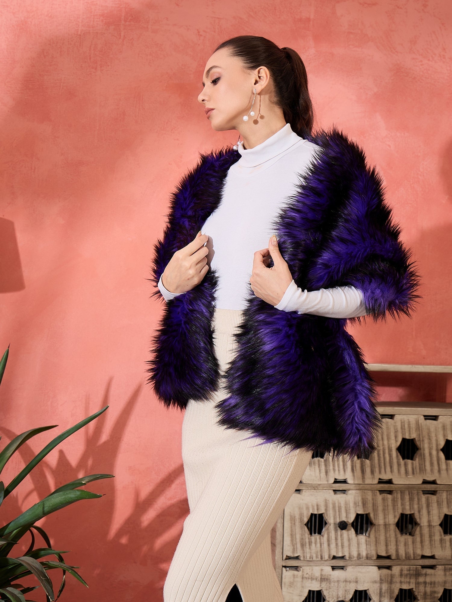 InWeave Purple Black Faux Fur Cape 