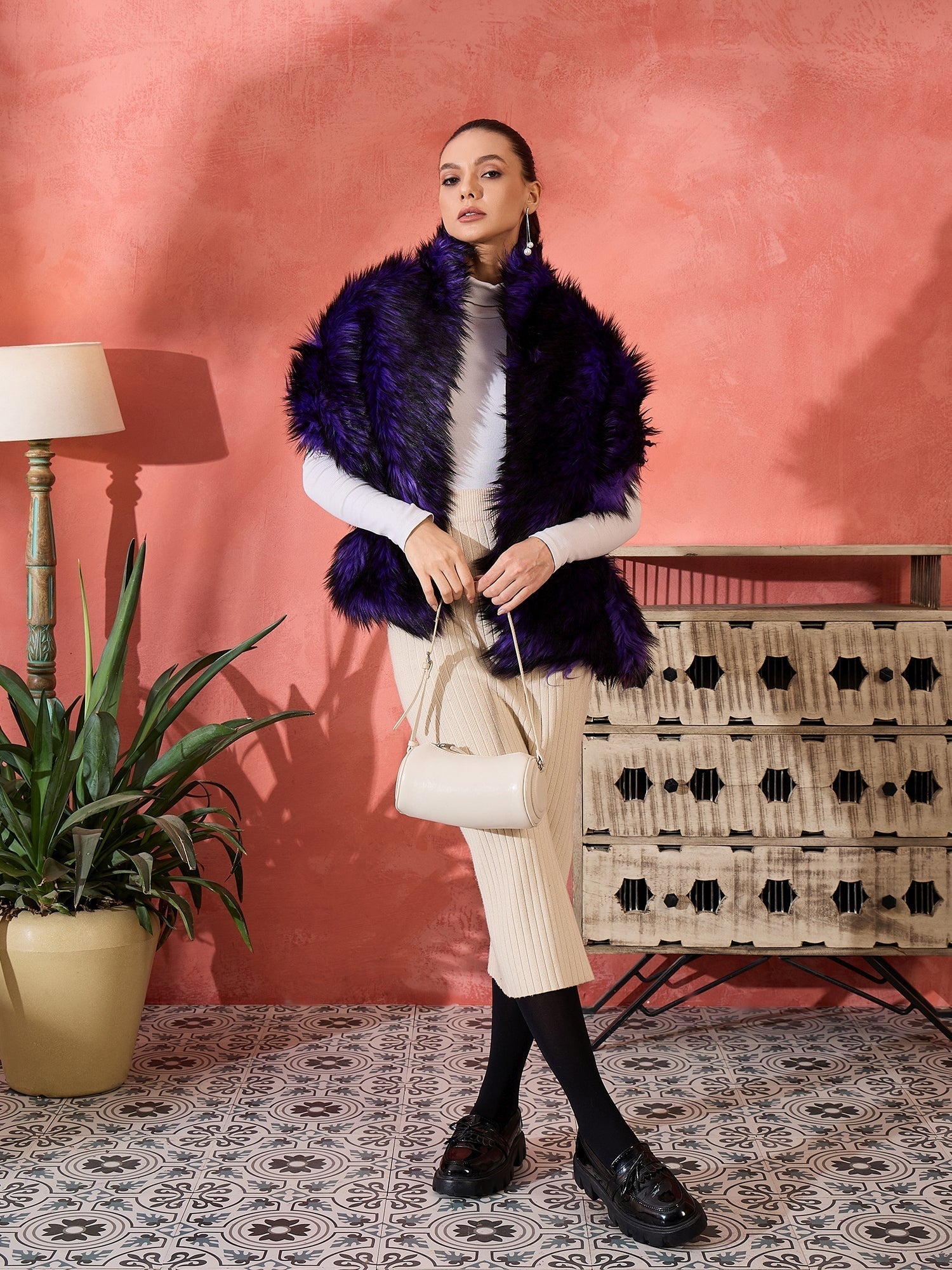 InWeave Purple Black Faux Fur Cape 