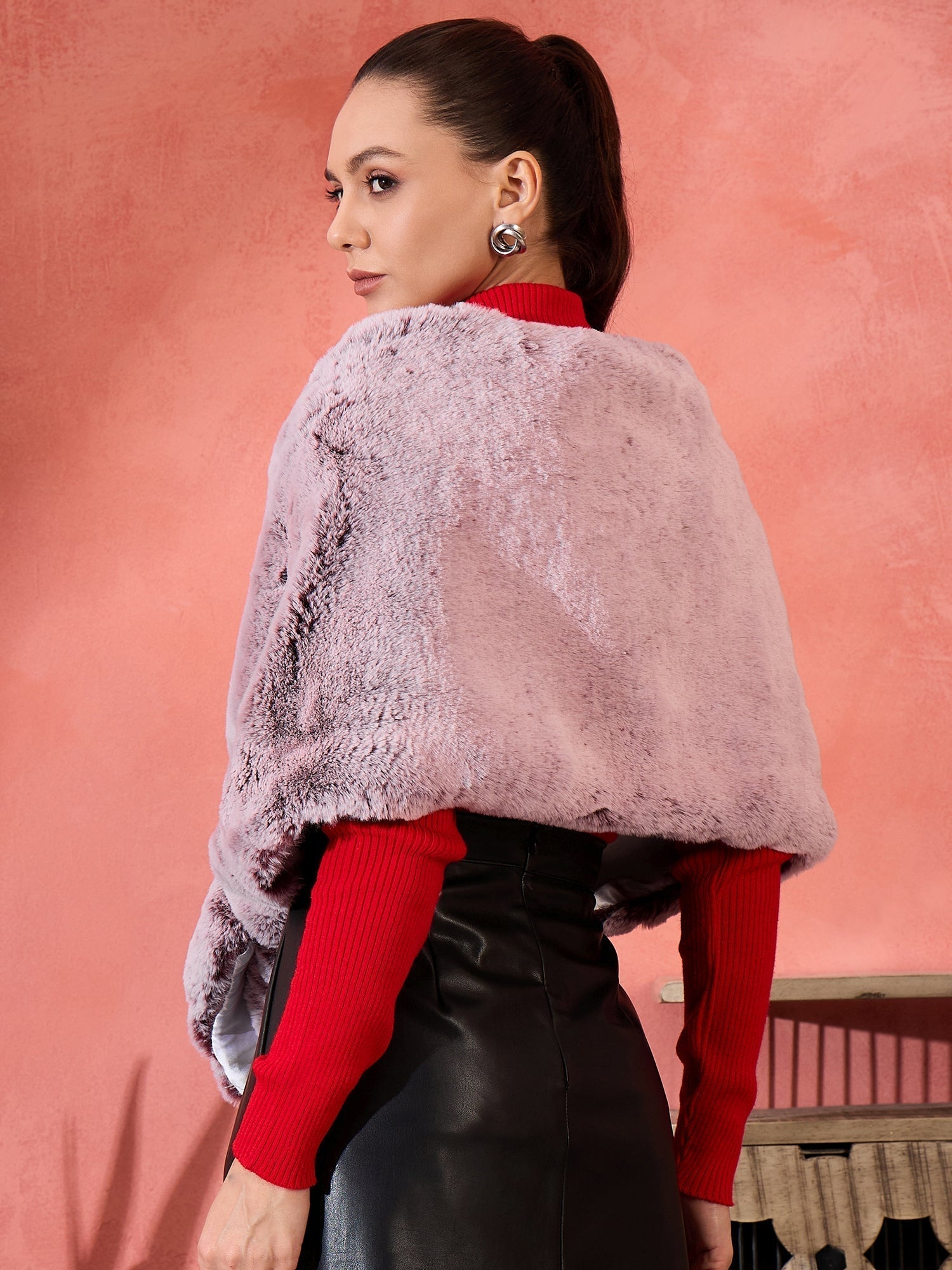 InWeave Maroon Icy Snowy Rabbit Faux Fur Cape 